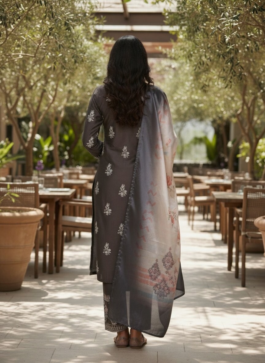 Charcoal Printed Silk Blend Straight Kurta With Dupatta
