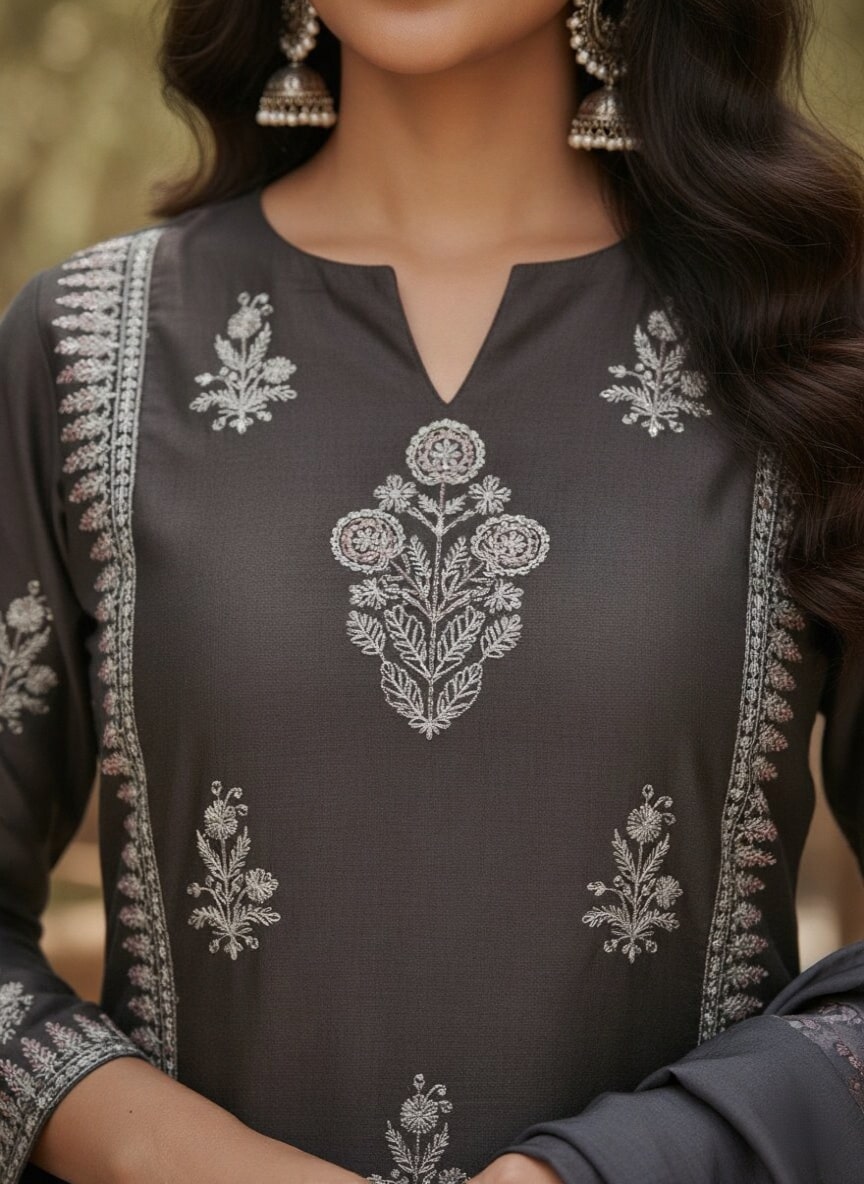 Charcoal Printed Silk Blend Straight Kurta With Dupatta