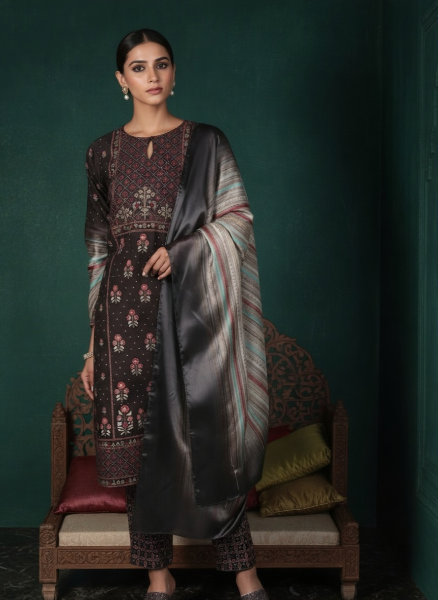Charcoal Printed Silk Blend Straight Kurta With Dupatta