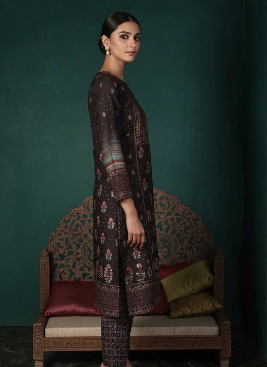 Charcoal Printed Silk Blend Straight Kurta With Dupatta
