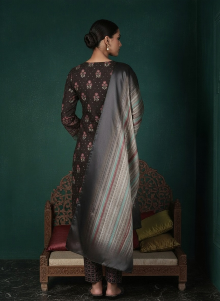 Charcoal Printed Silk Blend Straight Kurta With Dupatta