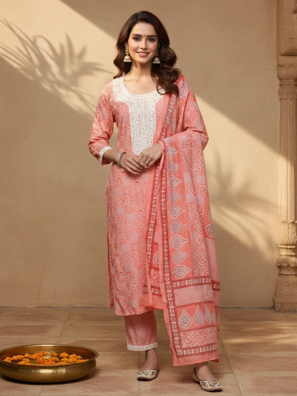 Pink Printed Silk Blend Straight Kurta With Trousers & Dupatta