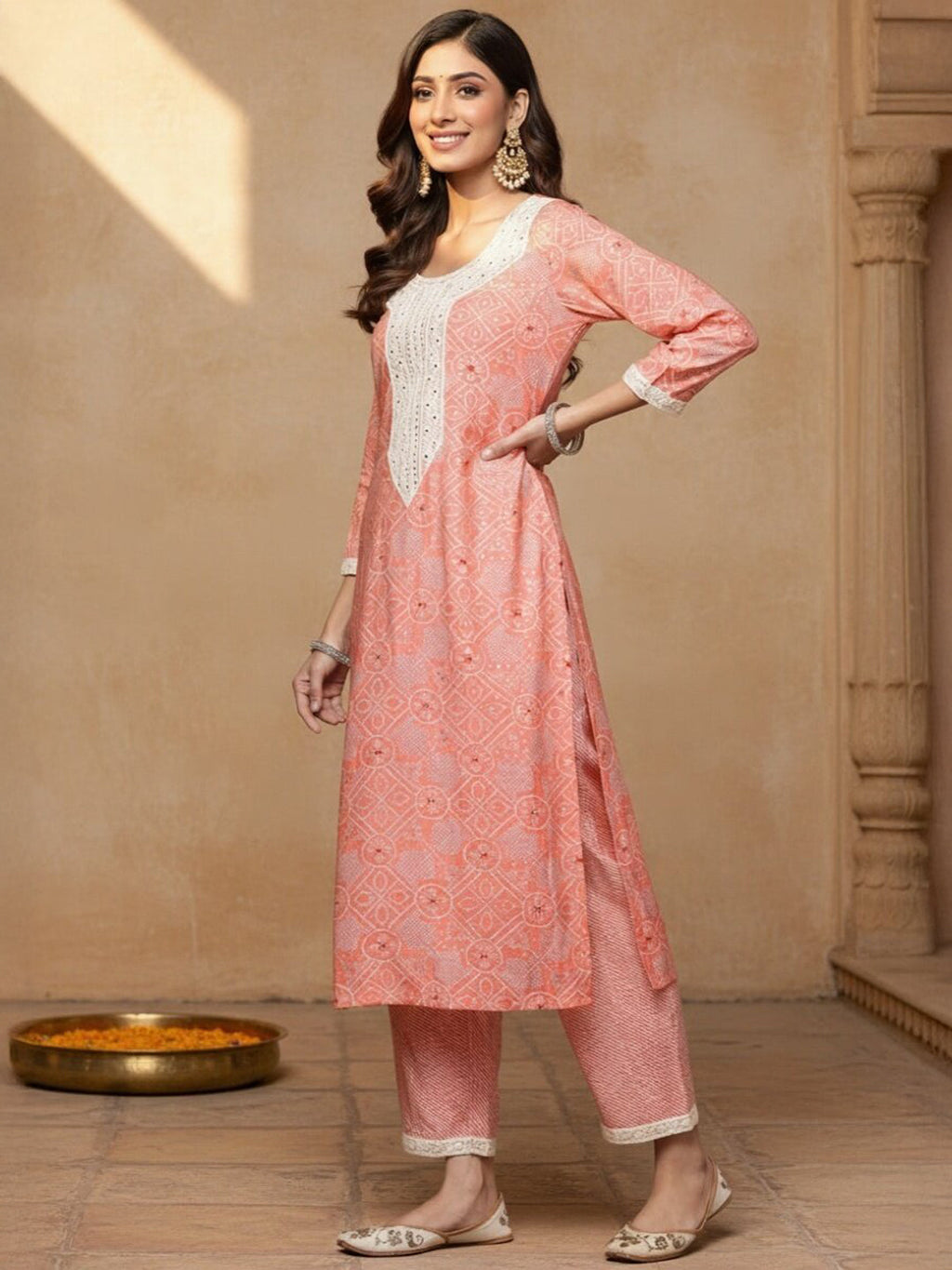Pink Printed Silk Blend Straight Kurta With Trousers & Dupatta
