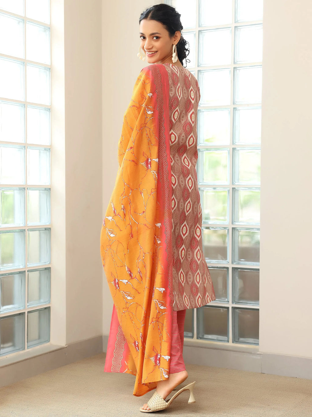 Mauve Printed Silk Blend Straight Suit With Dupatta