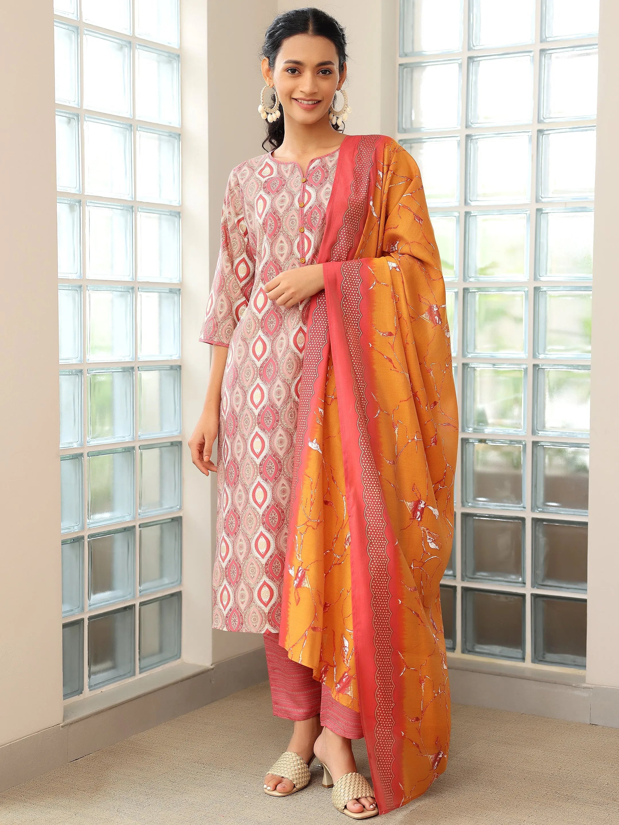 Mauve Printed Silk Blend Straight Suit With Dupatta