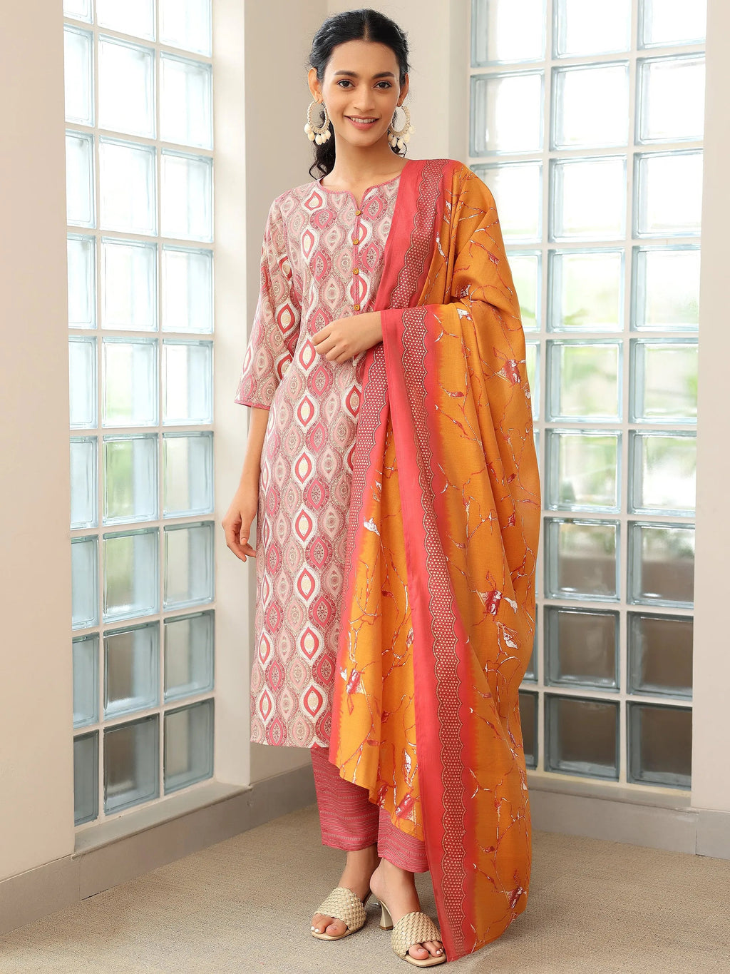 Mauve Printed Silk Blend Straight Suit With Dupatta