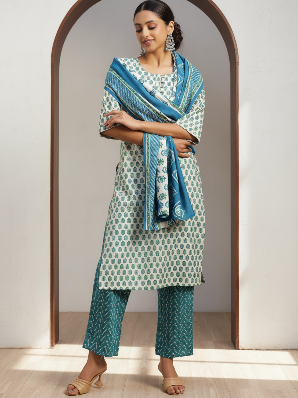 Beige Printed Silk Blend Straight Suit With Dupatta