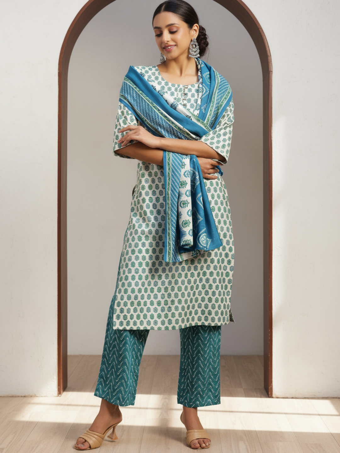 Beige Printed Silk Blend Straight Suit With Dupatta