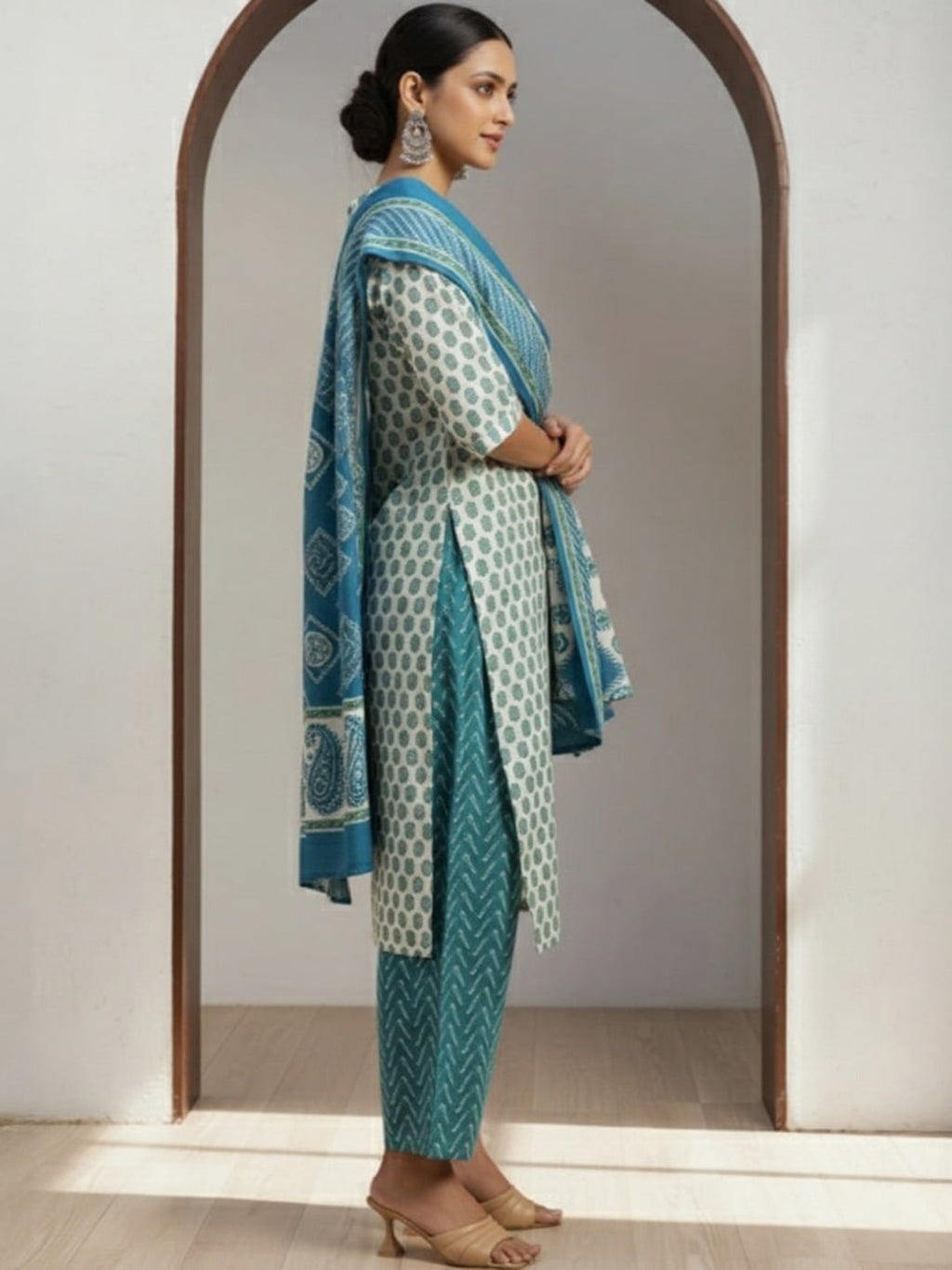 Beige Printed Silk Blend Straight Suit With Dupatta