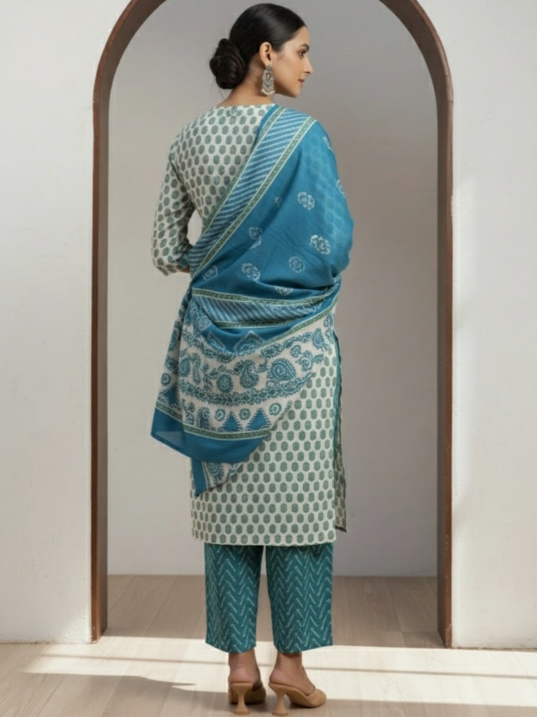 Beige Printed Silk Blend Straight Suit With Dupatta