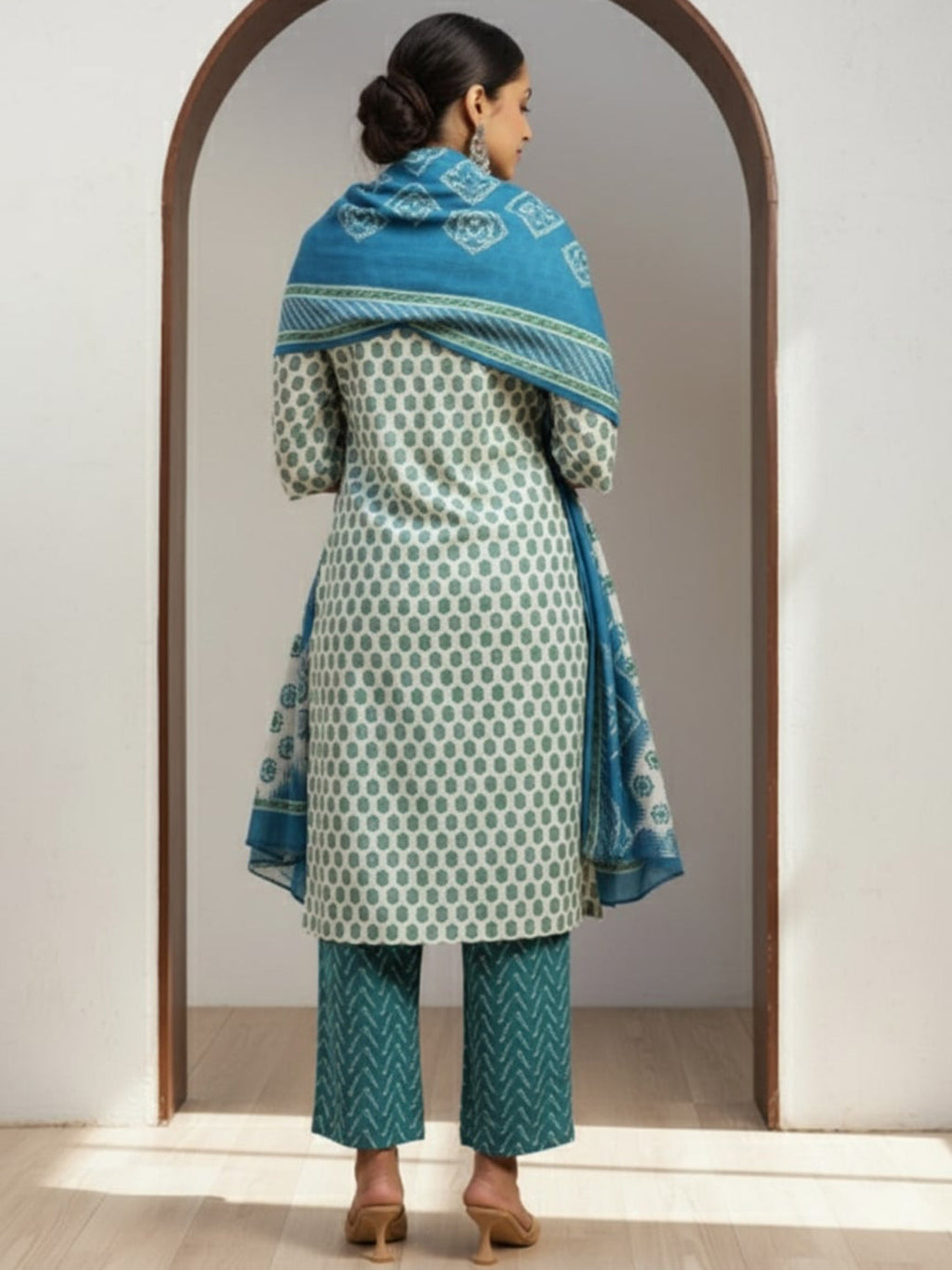 Beige Printed Silk Blend Straight Suit With Dupatta