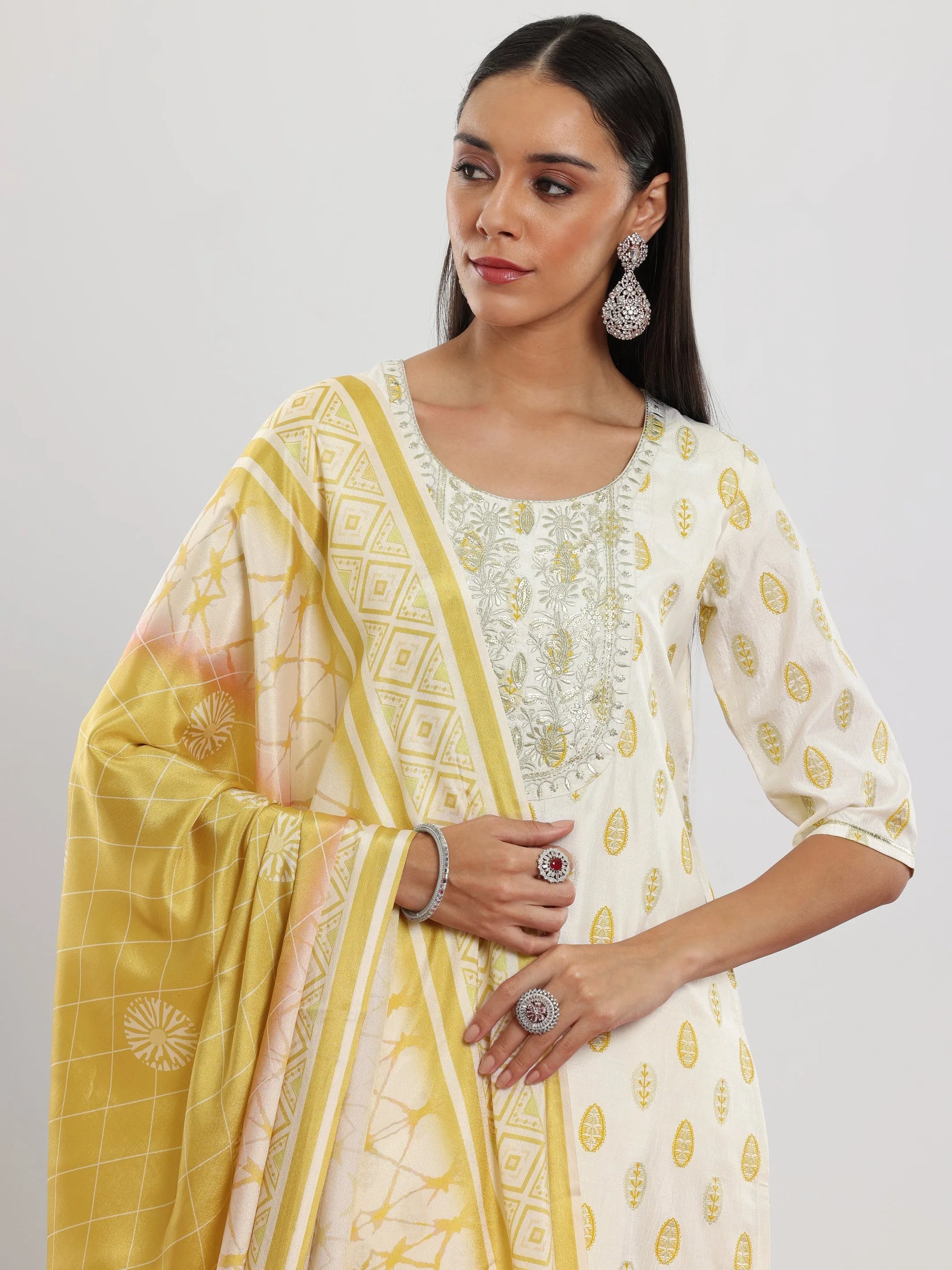 Off White Printed Silk Blend Straight Suit With Dupatta