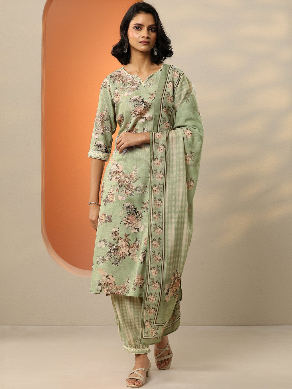 Green Printed Cotton Straight Suit With Dupatta