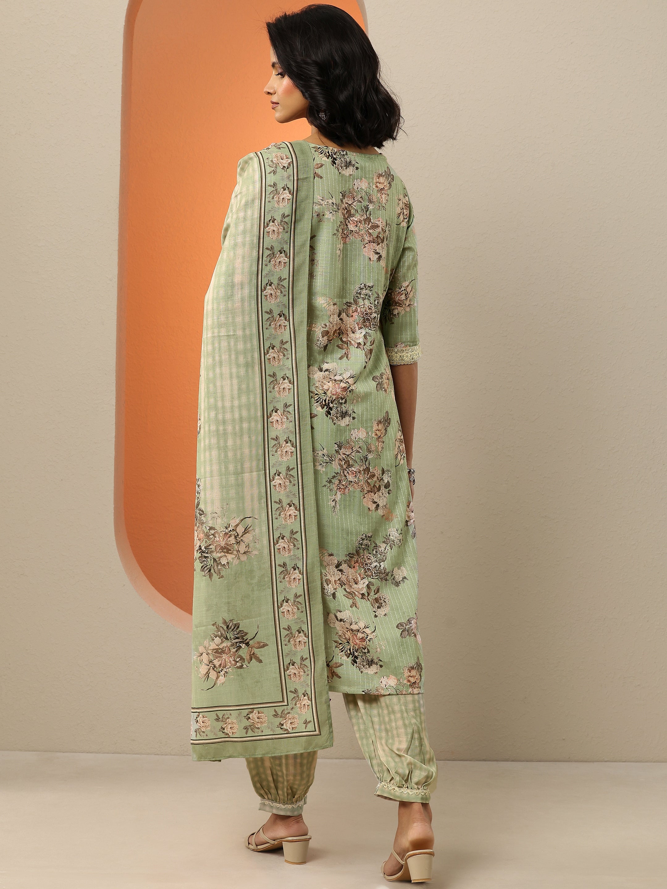 Green Printed Cotton Straight Suit With Dupatta
