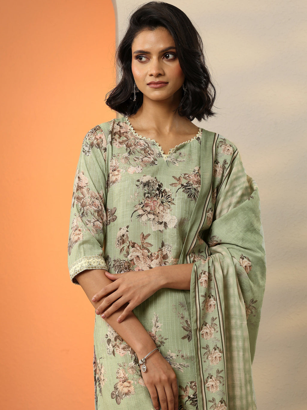 Green Printed Cotton Straight Suit With Dupatta