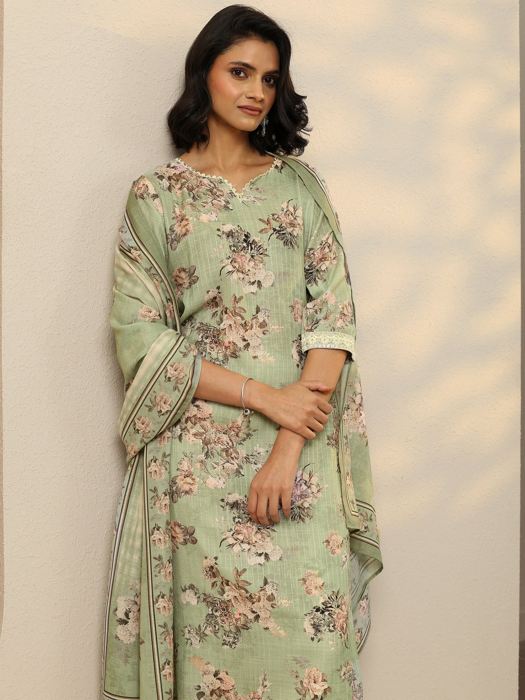 Green Printed Cotton Straight Suit With Dupatta