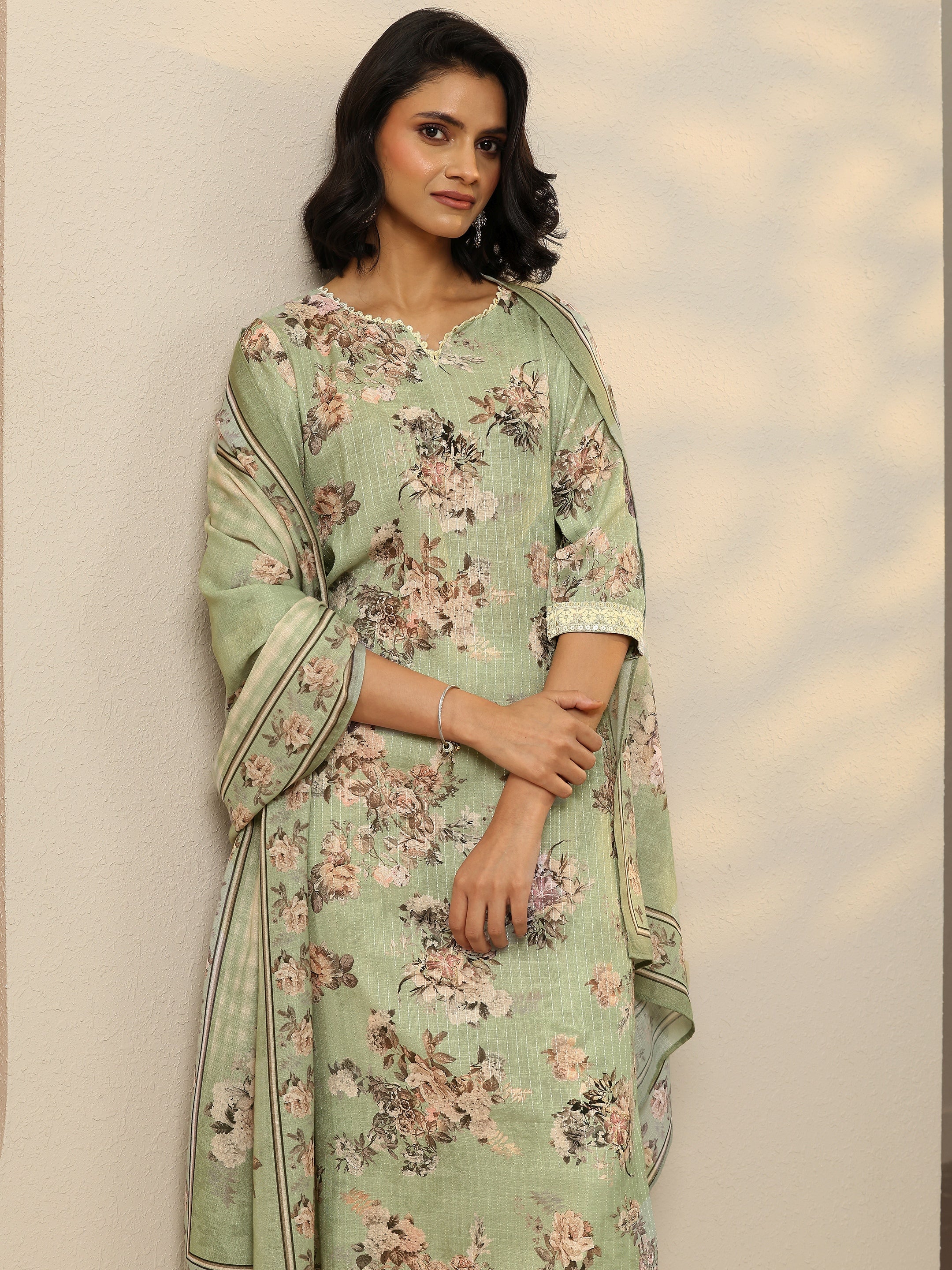 Green Printed Cotton Straight Suit With Dupatta