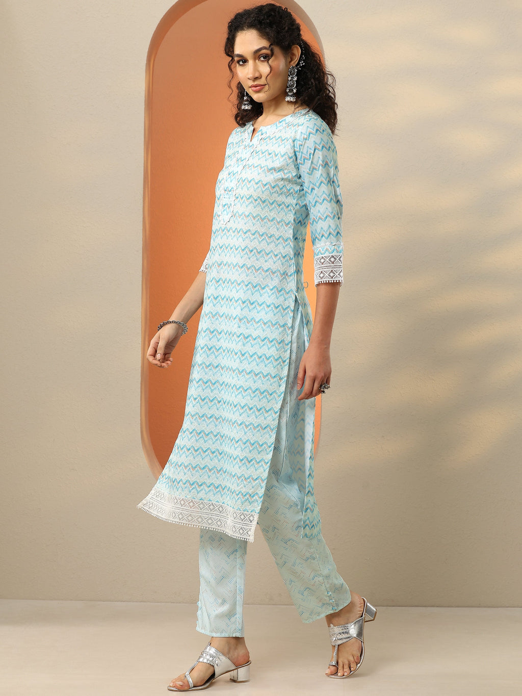 Blue Embroidered Cotton Straight Suit With Dupatta