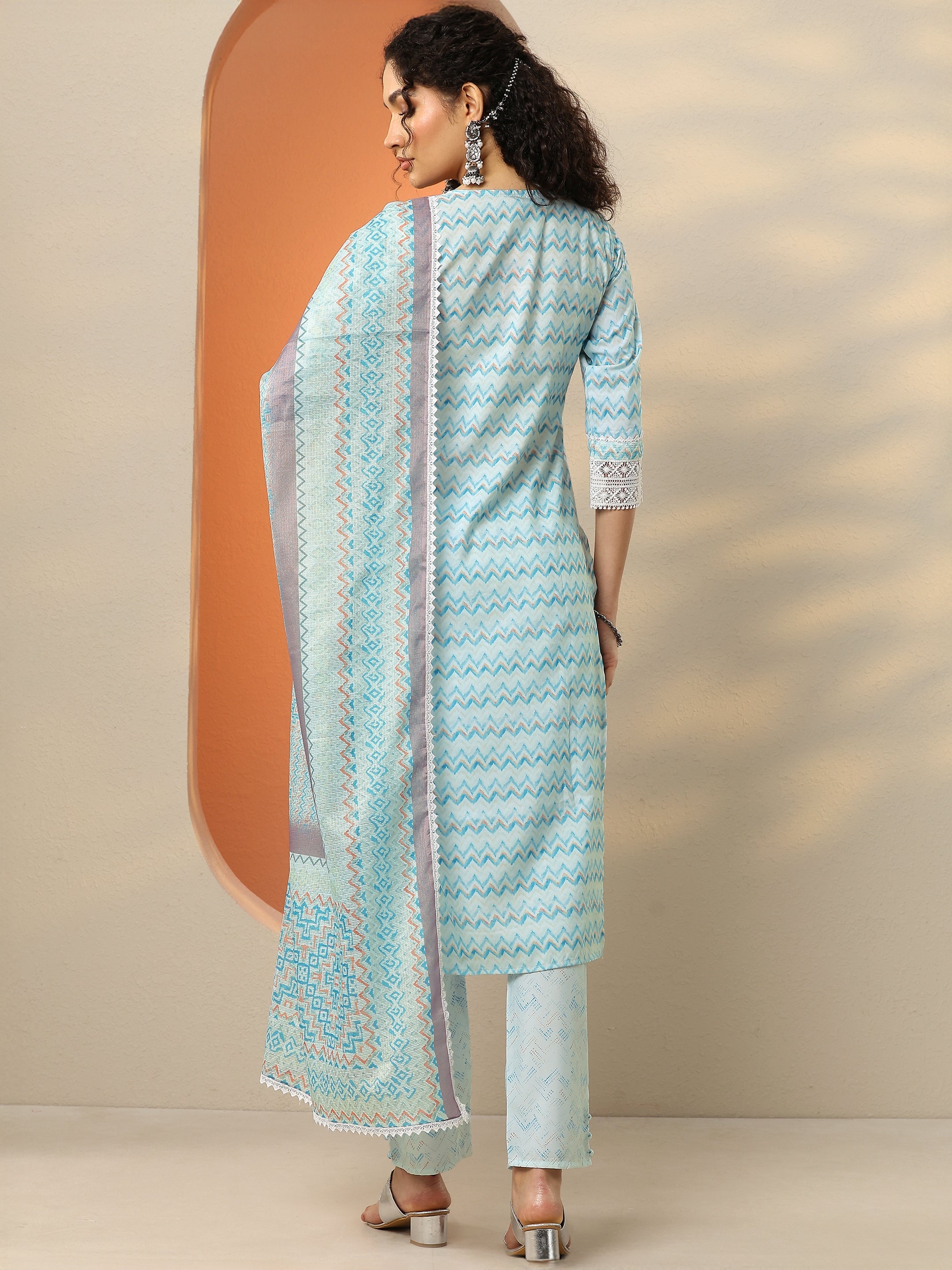 Blue Embroidered Cotton Straight Suit With Dupatta