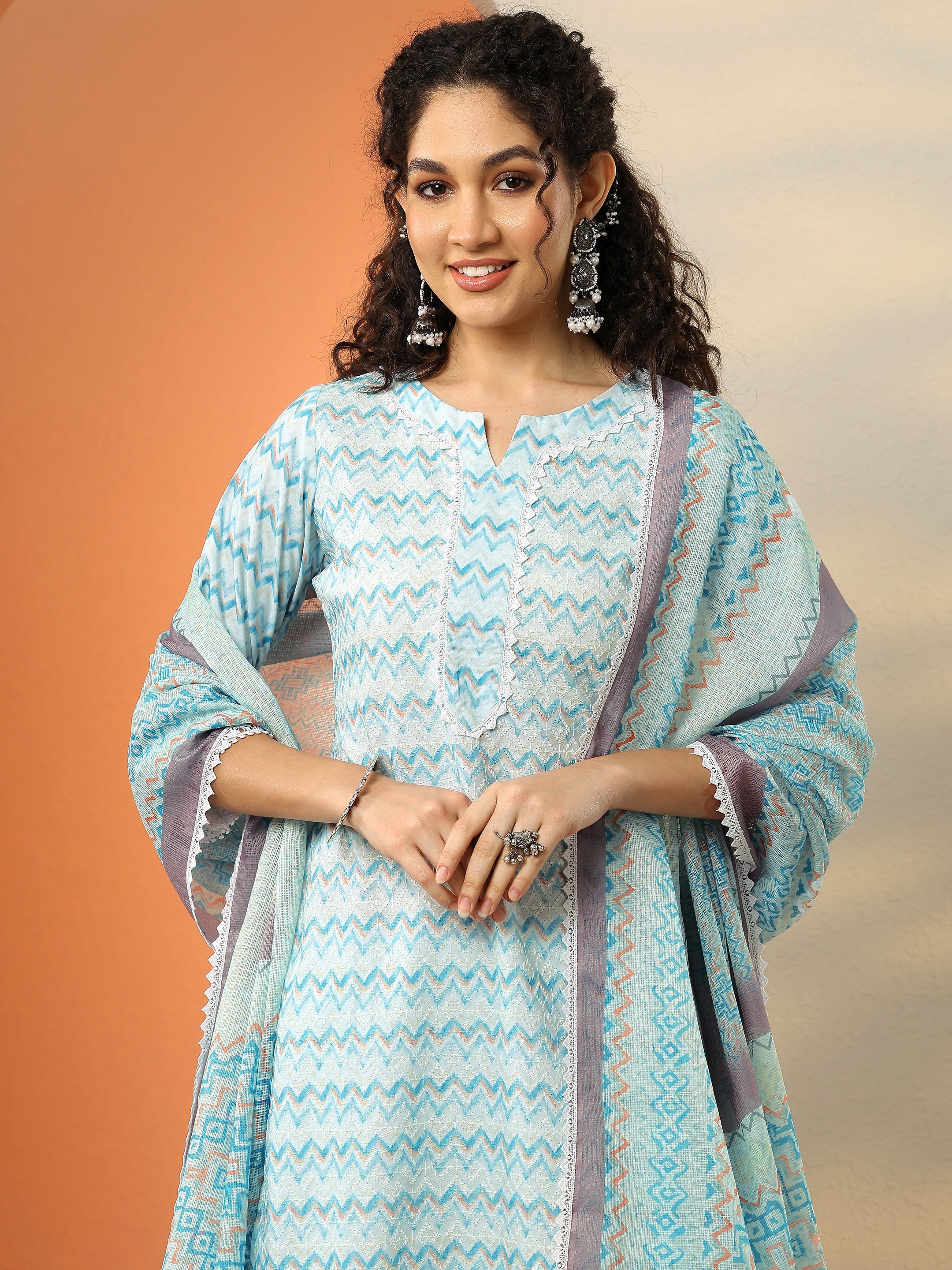 Blue Embroidered Cotton Straight Suit With Dupatta
