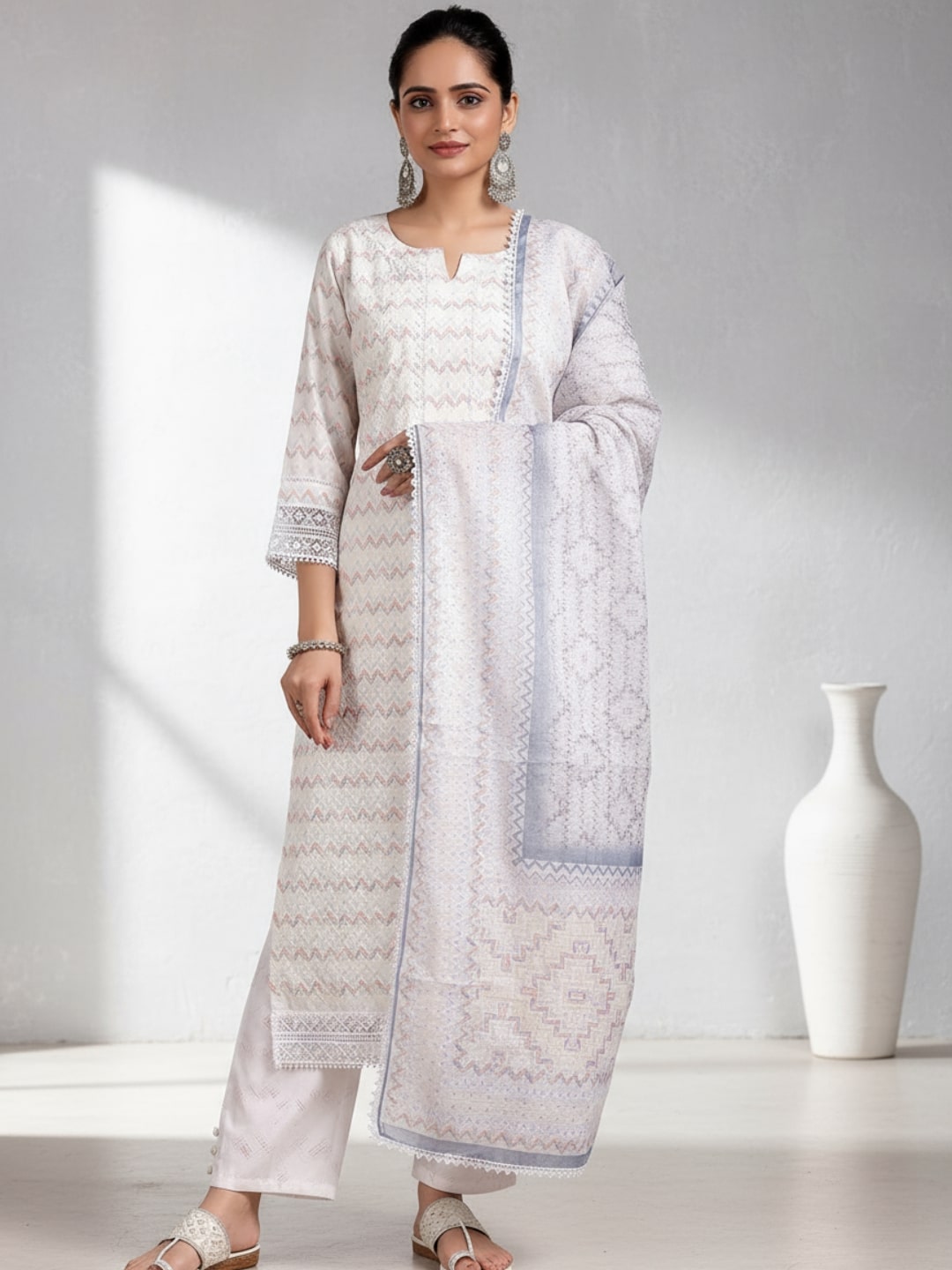 Off White Embroidered Cotton Blend Straight Suit With Dupatta