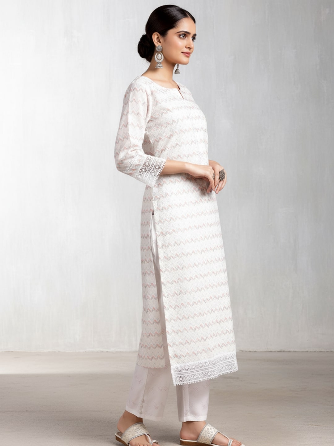 Off White Embroidered Cotton Blend Straight Suit With Dupatta