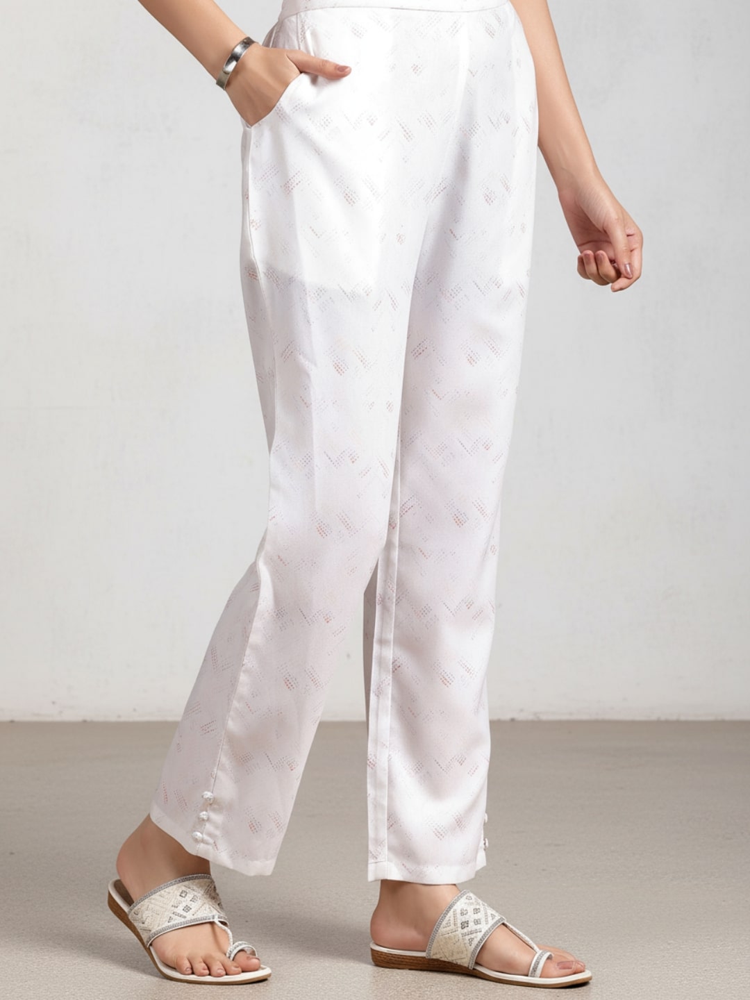 Off White Embroidered Cotton Blend Straight Suit With Dupatta