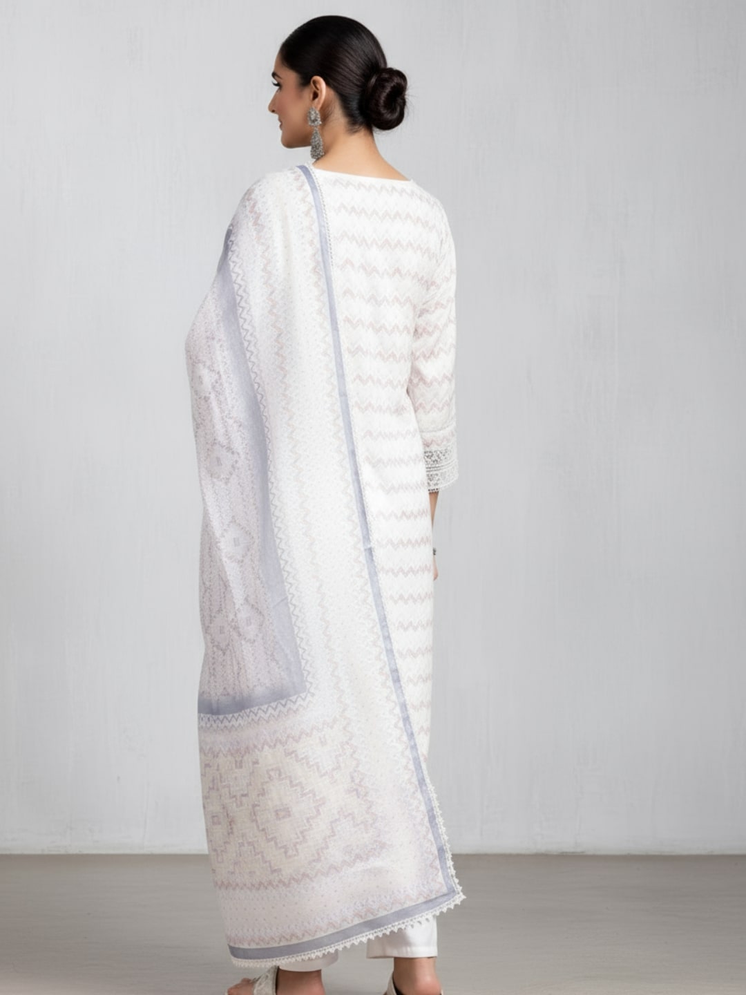 Off White Embroidered Cotton Blend Straight Suit With Dupatta