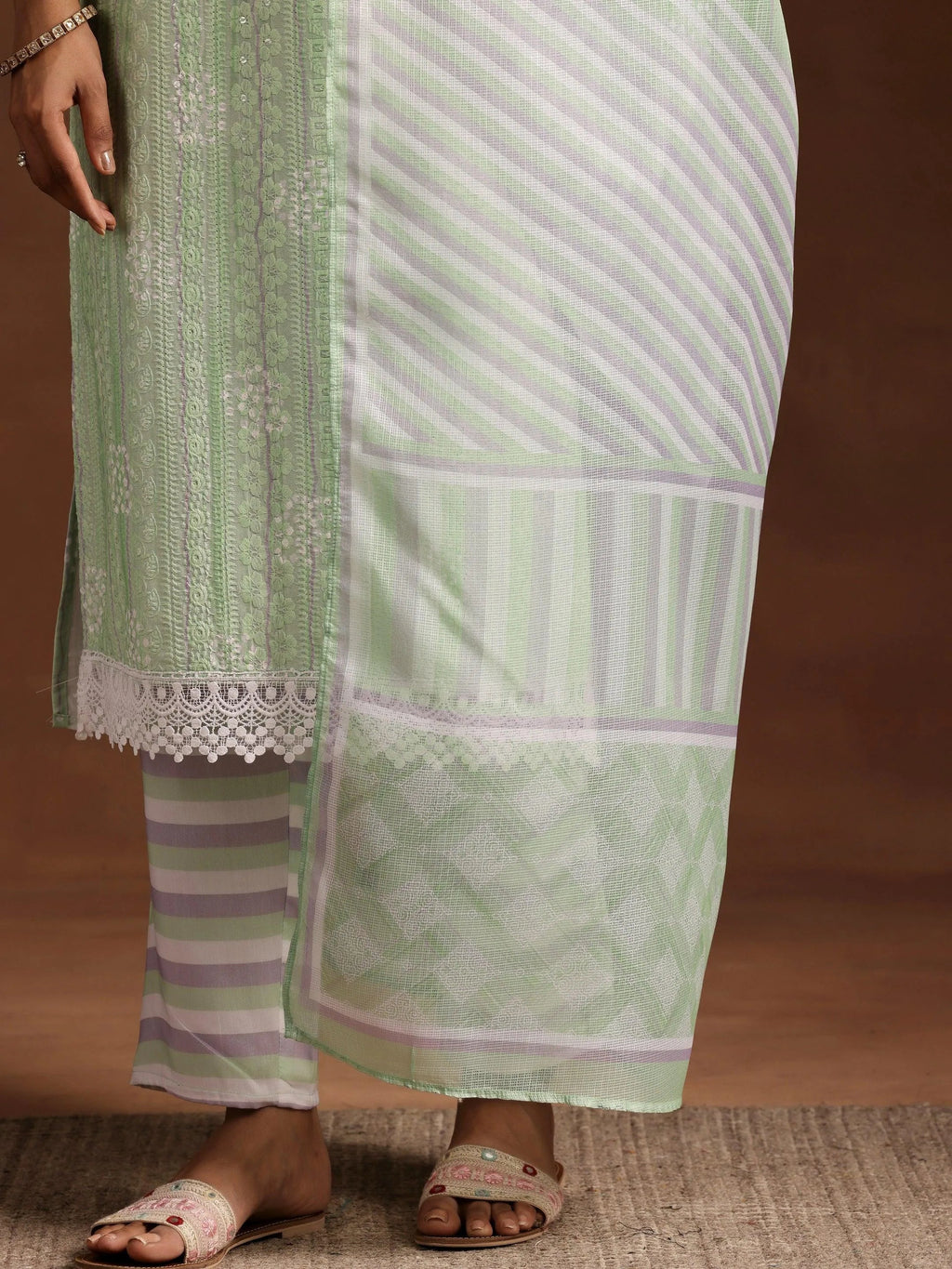 Green Embroidered Cotton Blend Straight Suit With Dupatta