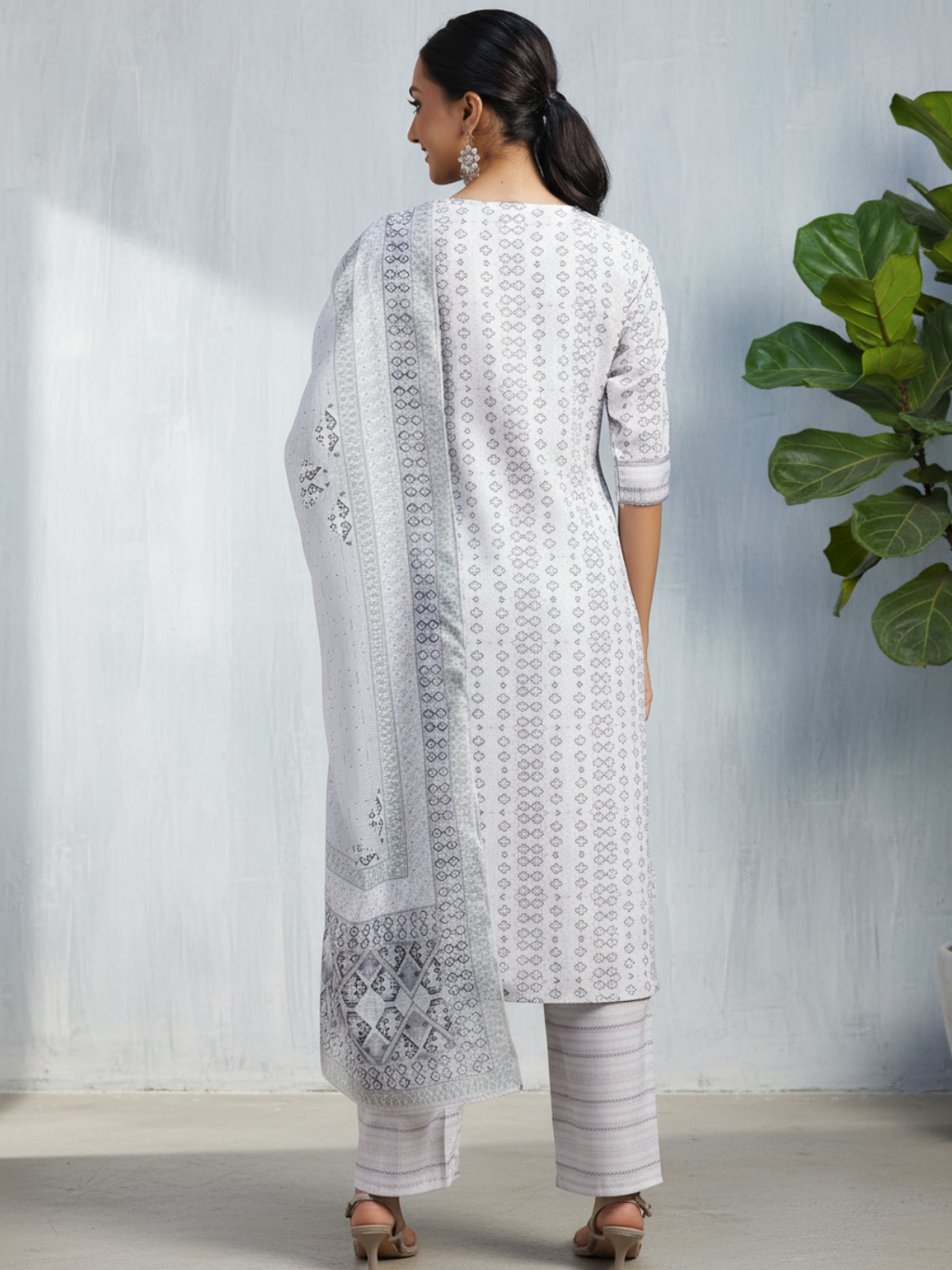 Grey Embroidered Cotton Blend Straight Suit With Dupatta