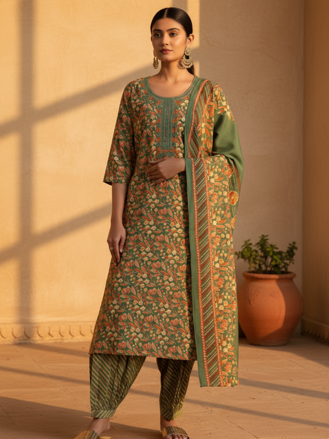 Green Printed Silk Blend Straight Suit With Dupatta