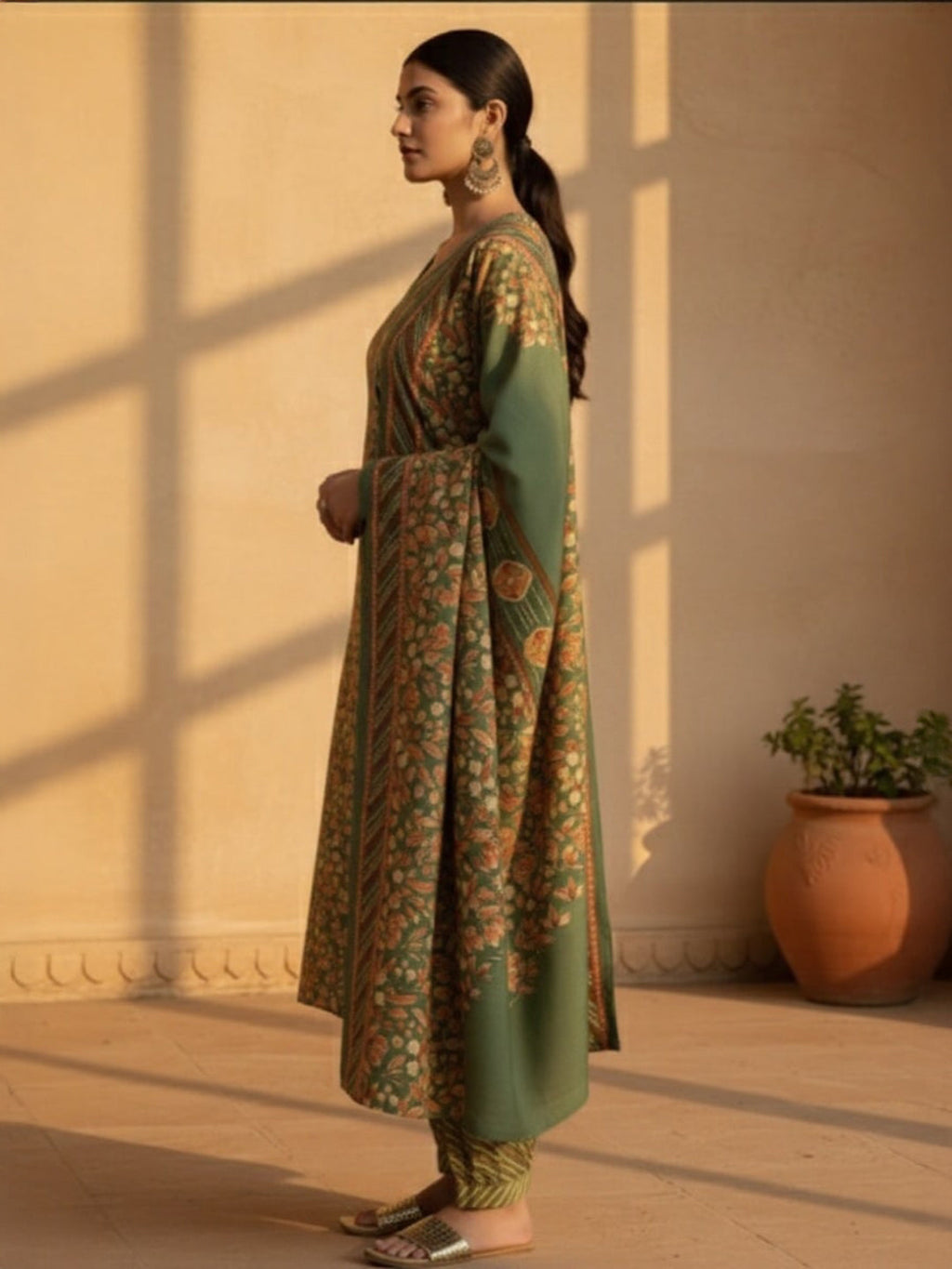 Green Printed Silk Blend Straight Suit With Dupatta