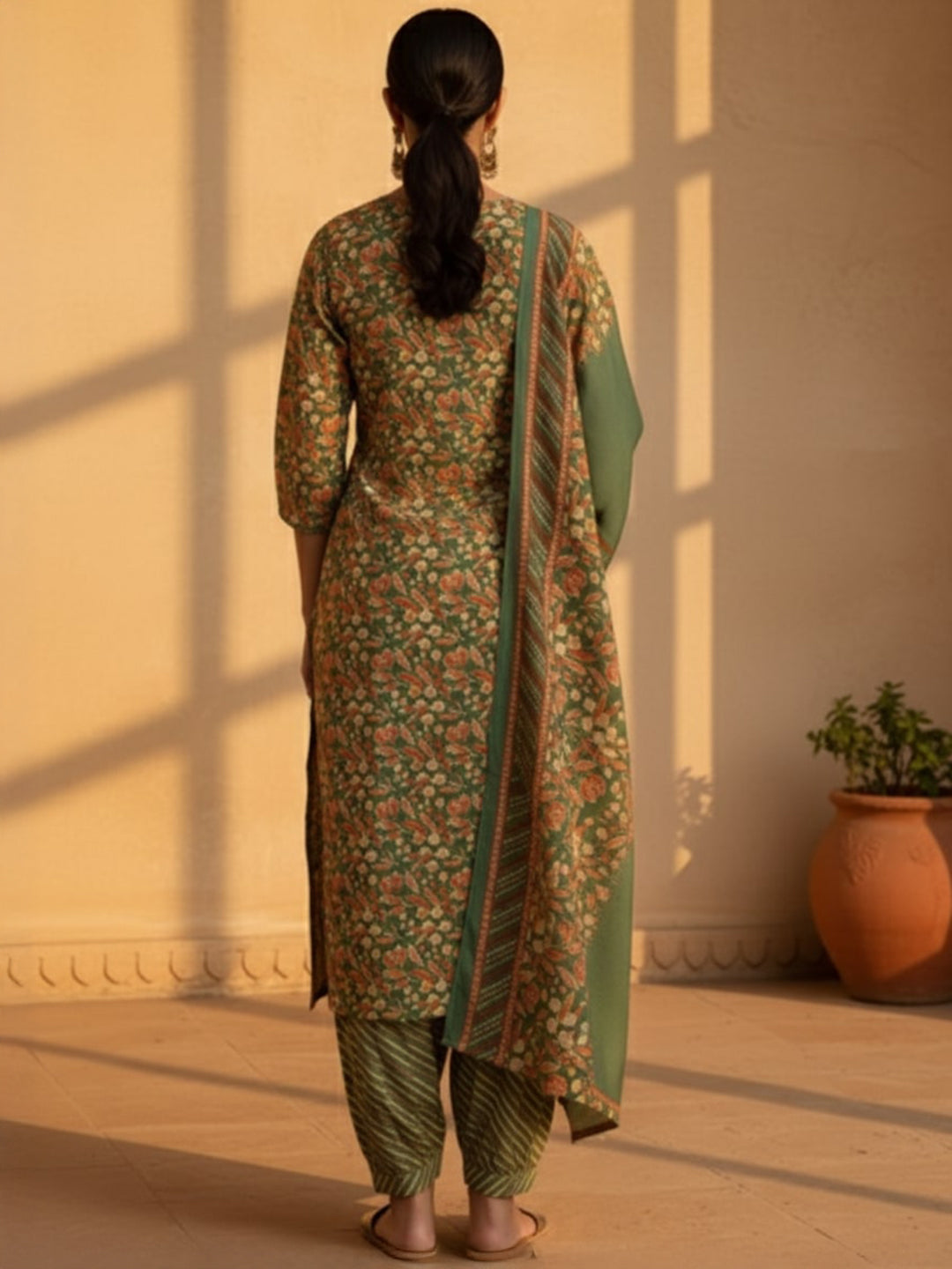 Green Printed Silk Blend Straight Suit With Dupatta