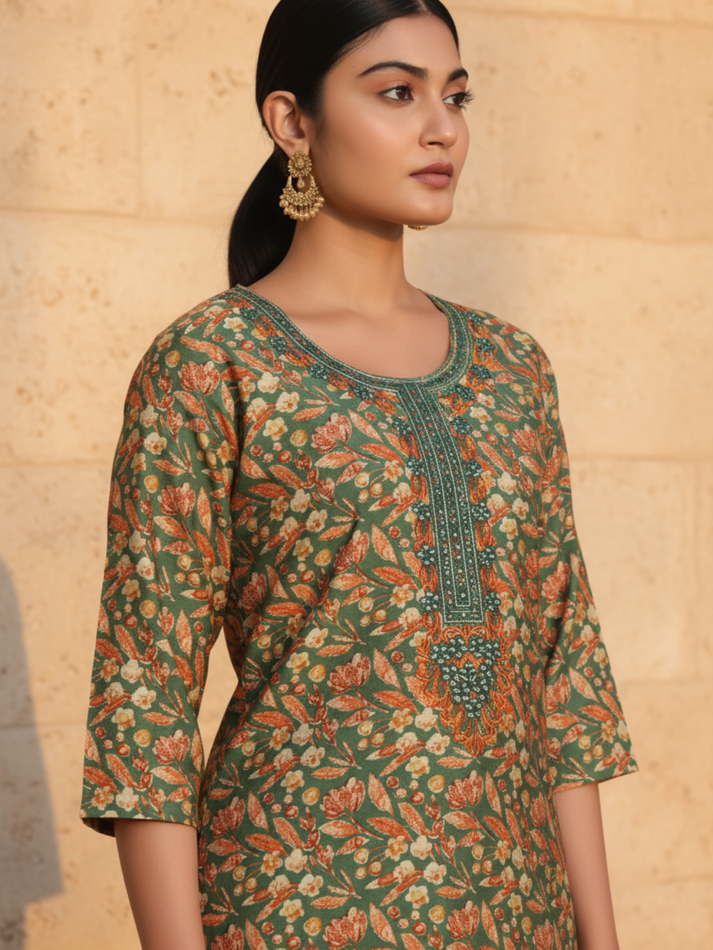 Green Printed Silk Blend Straight Suit With Dupatta