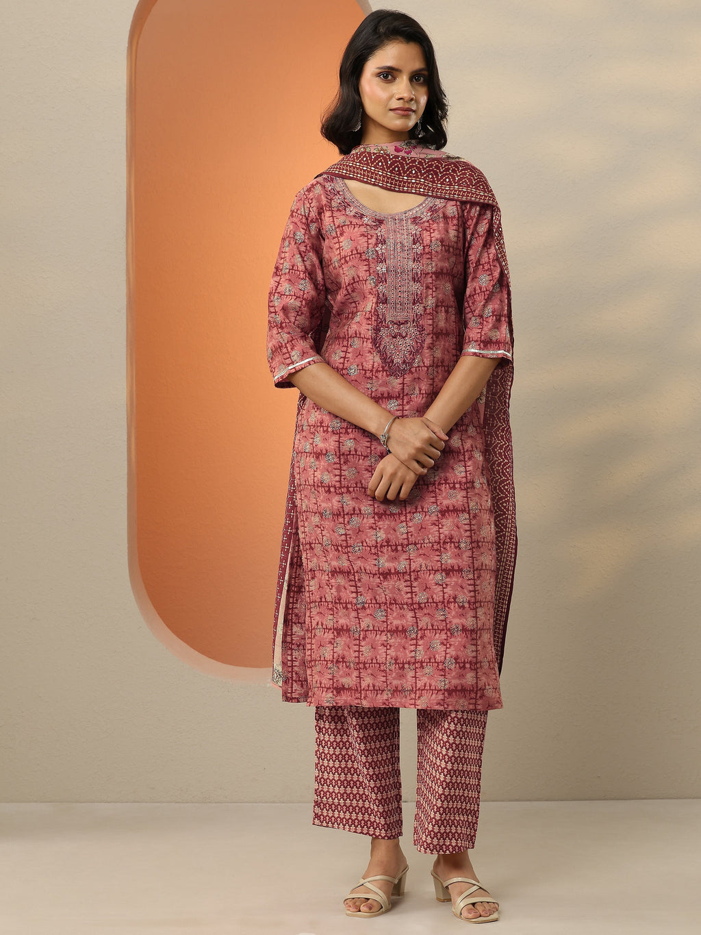 Maroon Printed Silk Blend Straight Suit With Dupatta