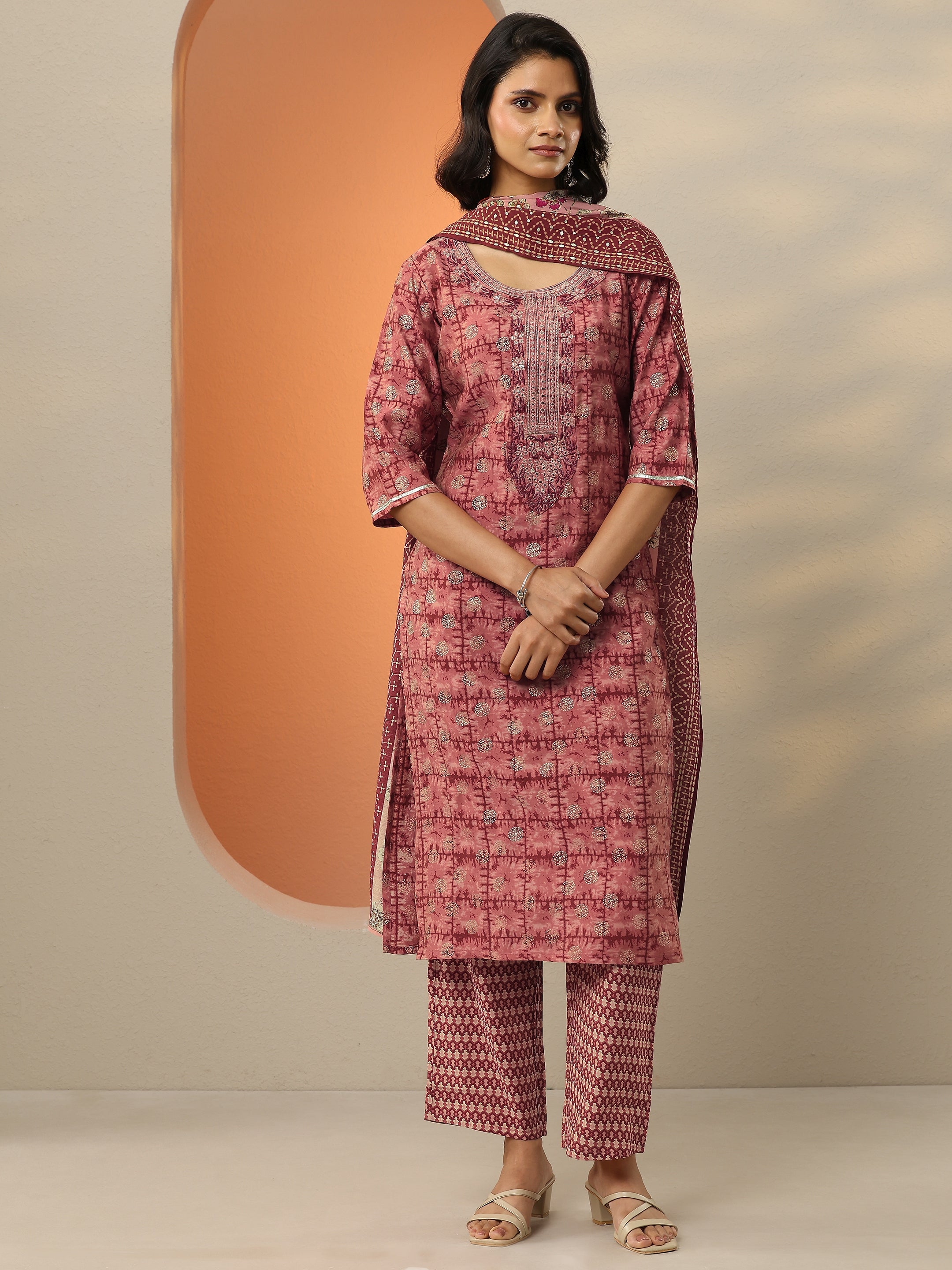 Maroon Printed Silk Blend Straight Suit With Dupatta