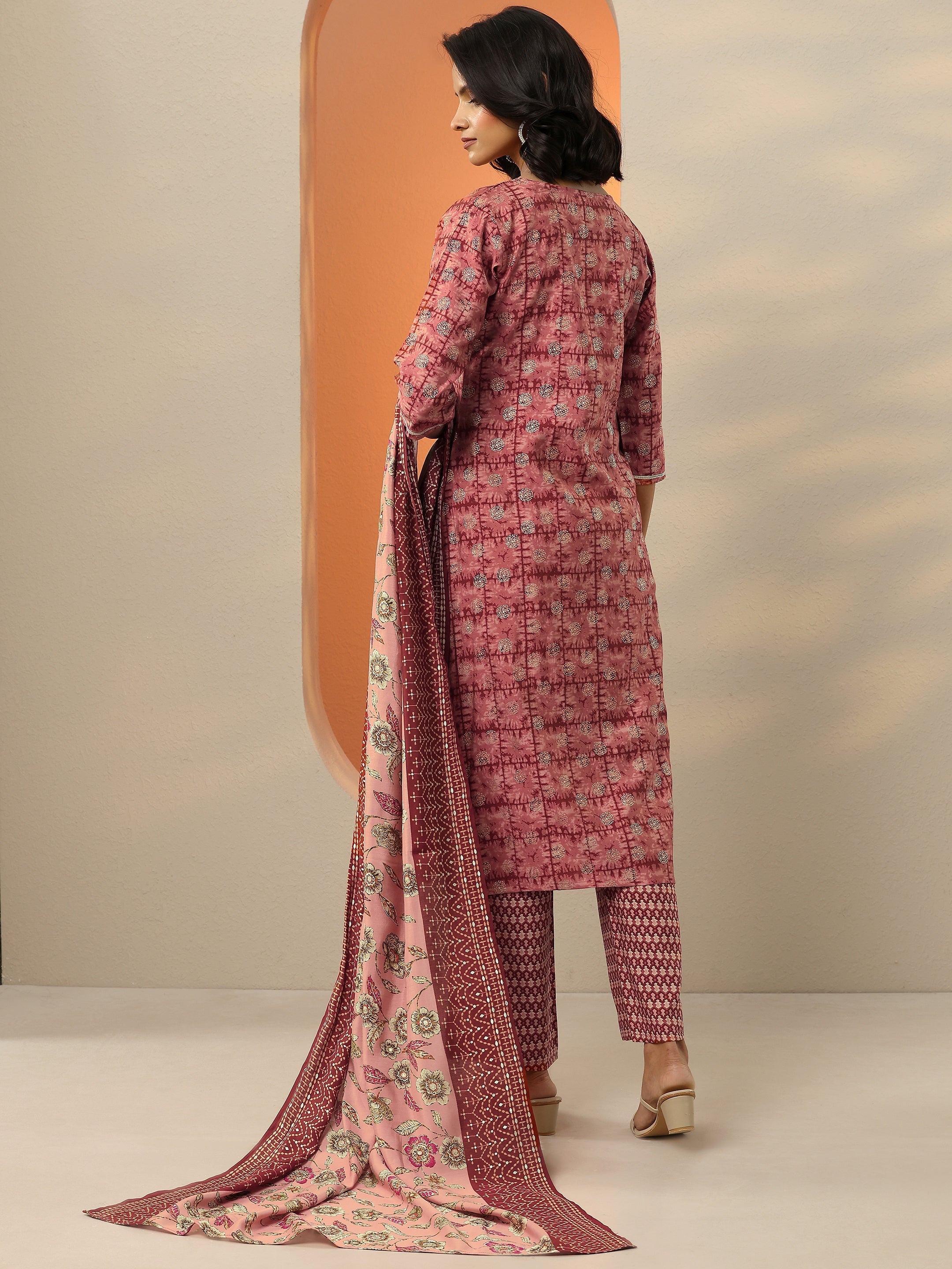 Maroon Printed Silk Blend Straight Suit With Dupatta