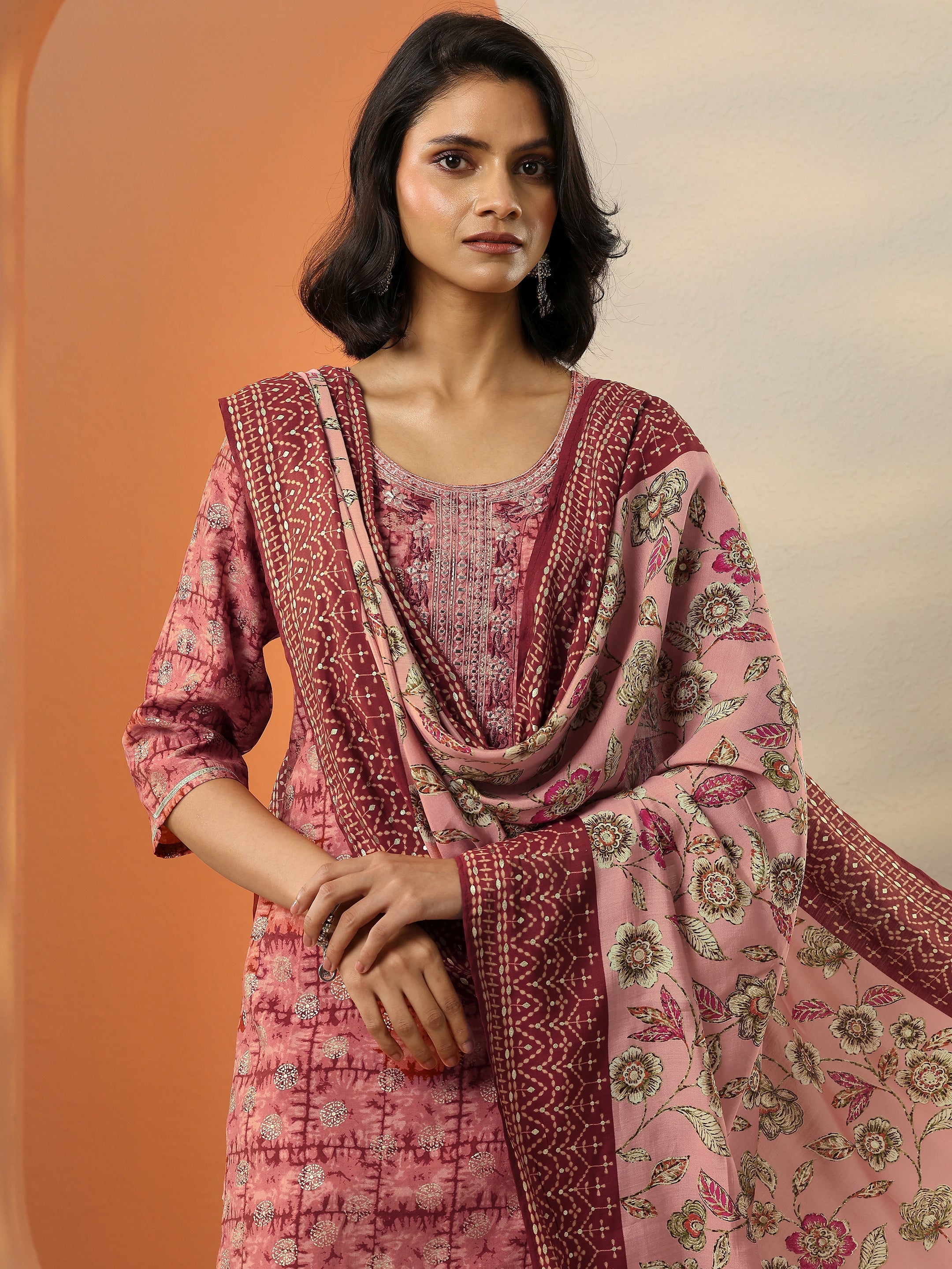 Maroon Printed Silk Blend Straight Suit With Dupatta