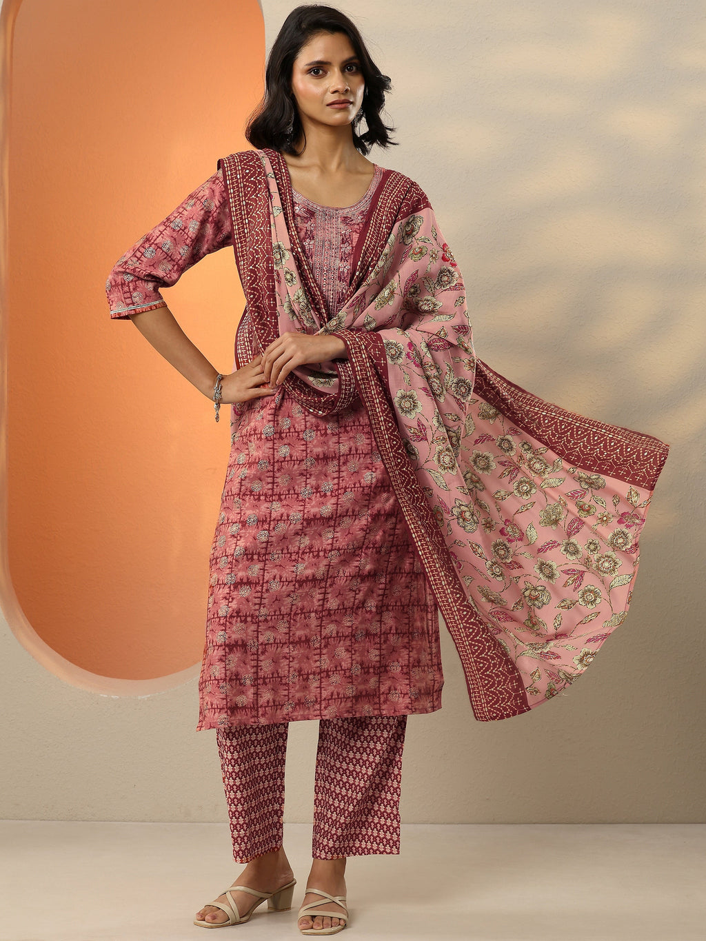 Maroon Printed Silk Blend Straight Suit With Dupatta