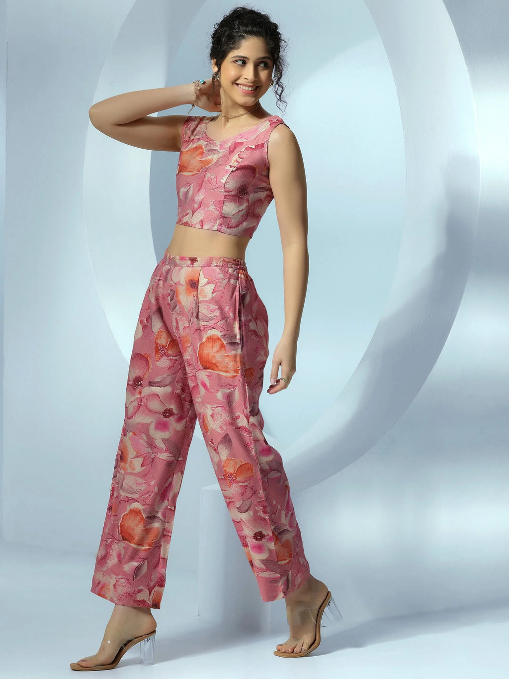 Peach Printed Cotton 3 Piece Co-Ords