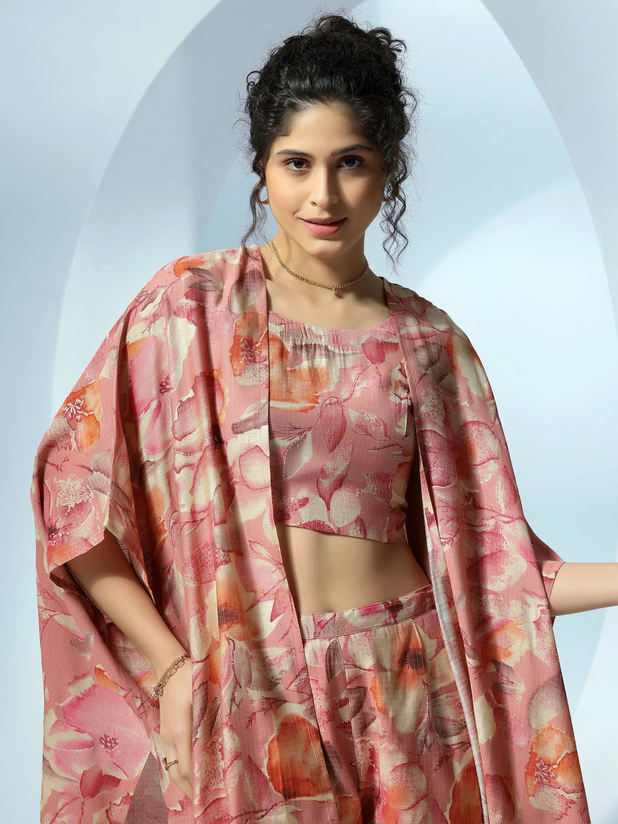 Peach Printed Cotton 3 Piece Co-Ords