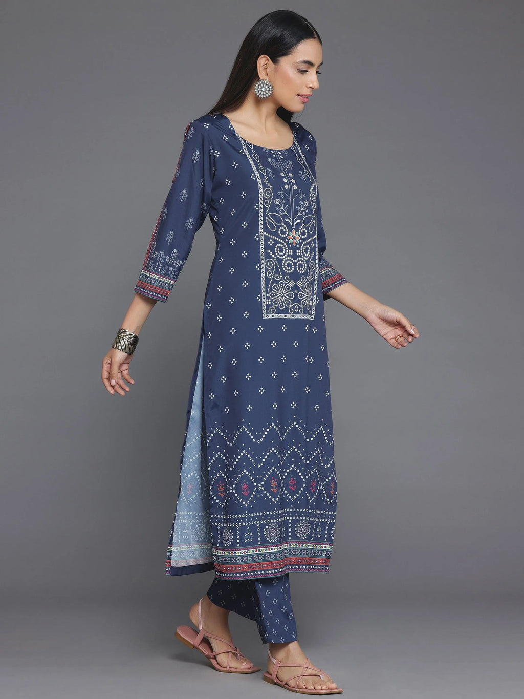 Blue Printed Poly Crepe Straight Kurta Set