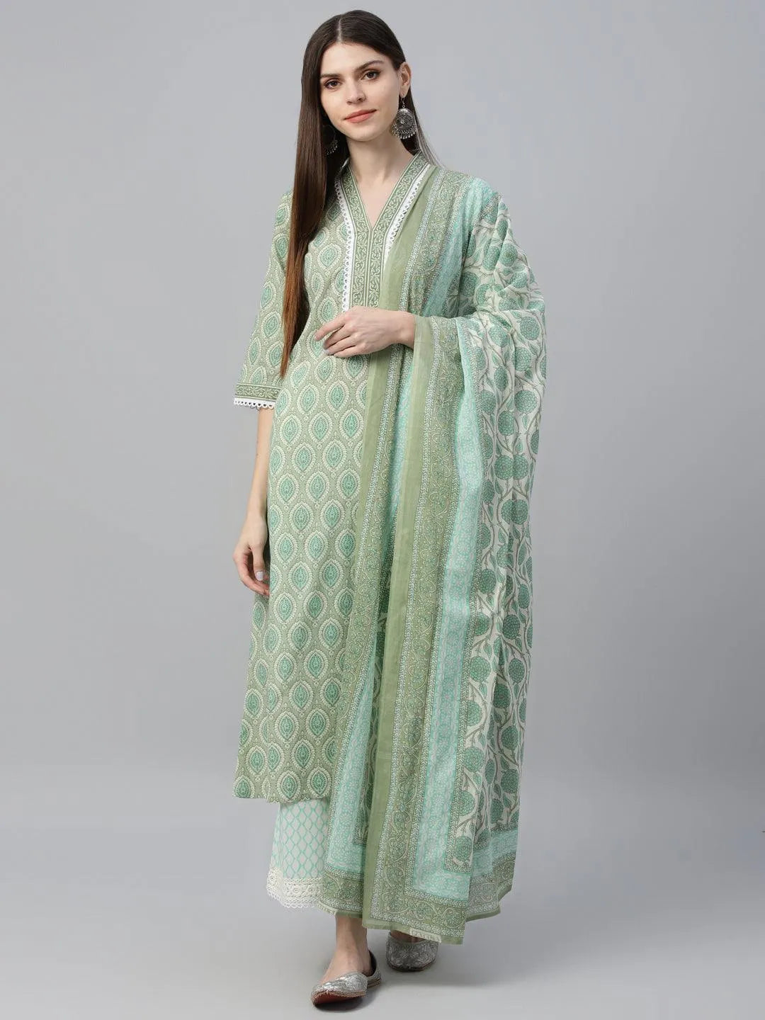 Green Printed Cotton Straight Suit With Dupatta