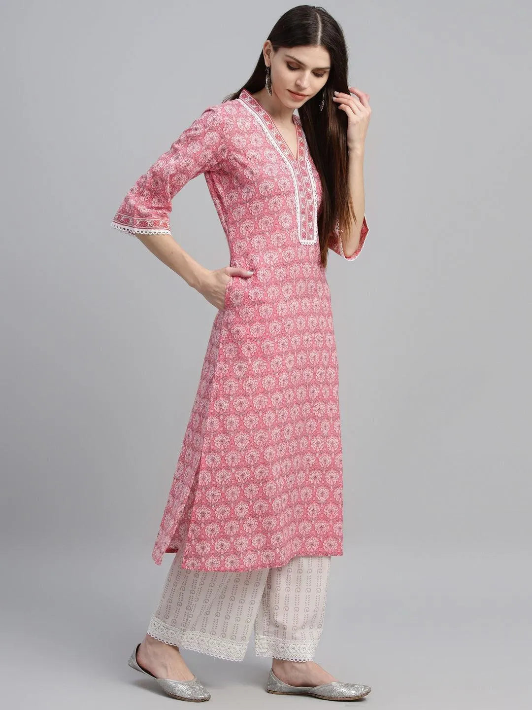 Peach Printed Cotton Straight Suit With Dupatta