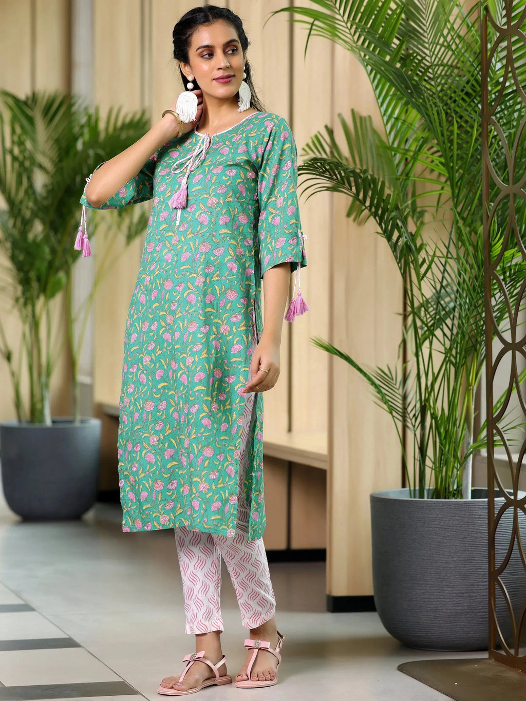 Green Printed Cotton Straight Suit With Dupatta