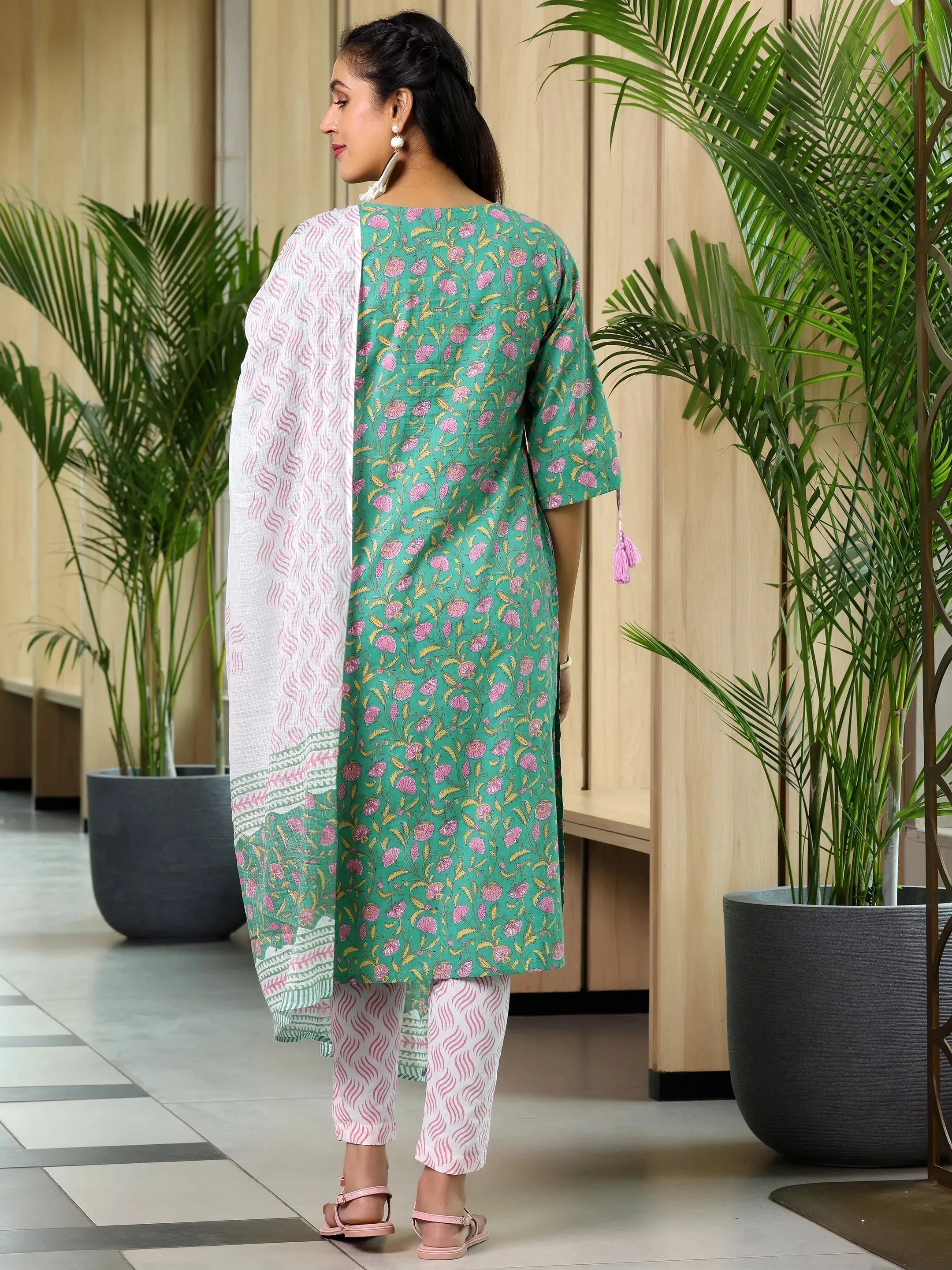 Green Printed Cotton Straight Suit With Dupatta
