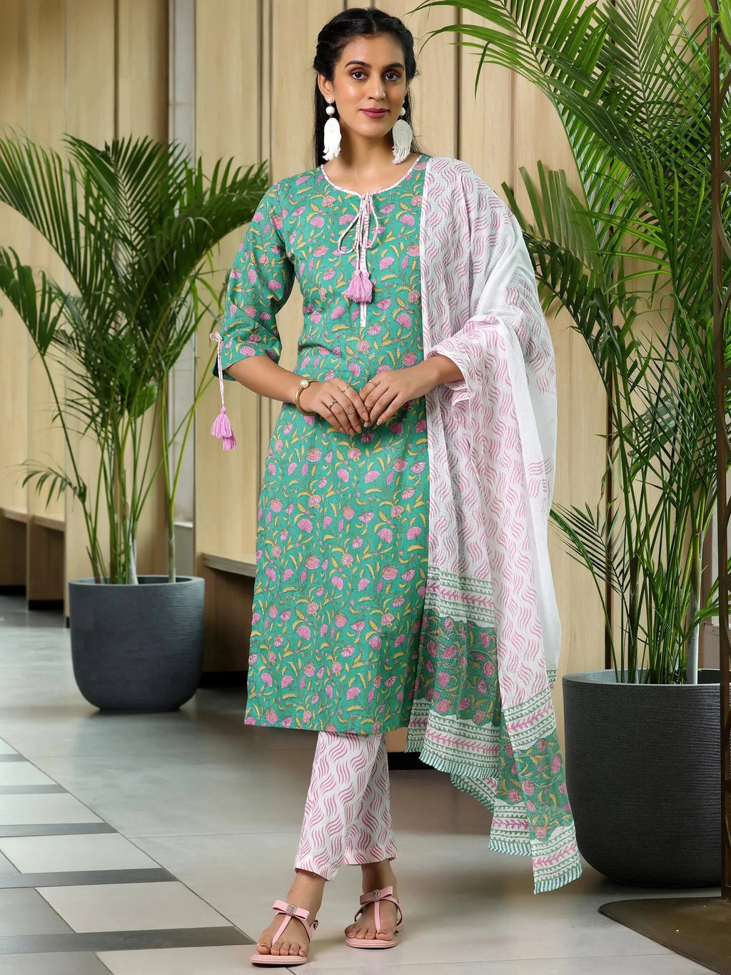 Green Printed Cotton Straight Suit With Dupatta
