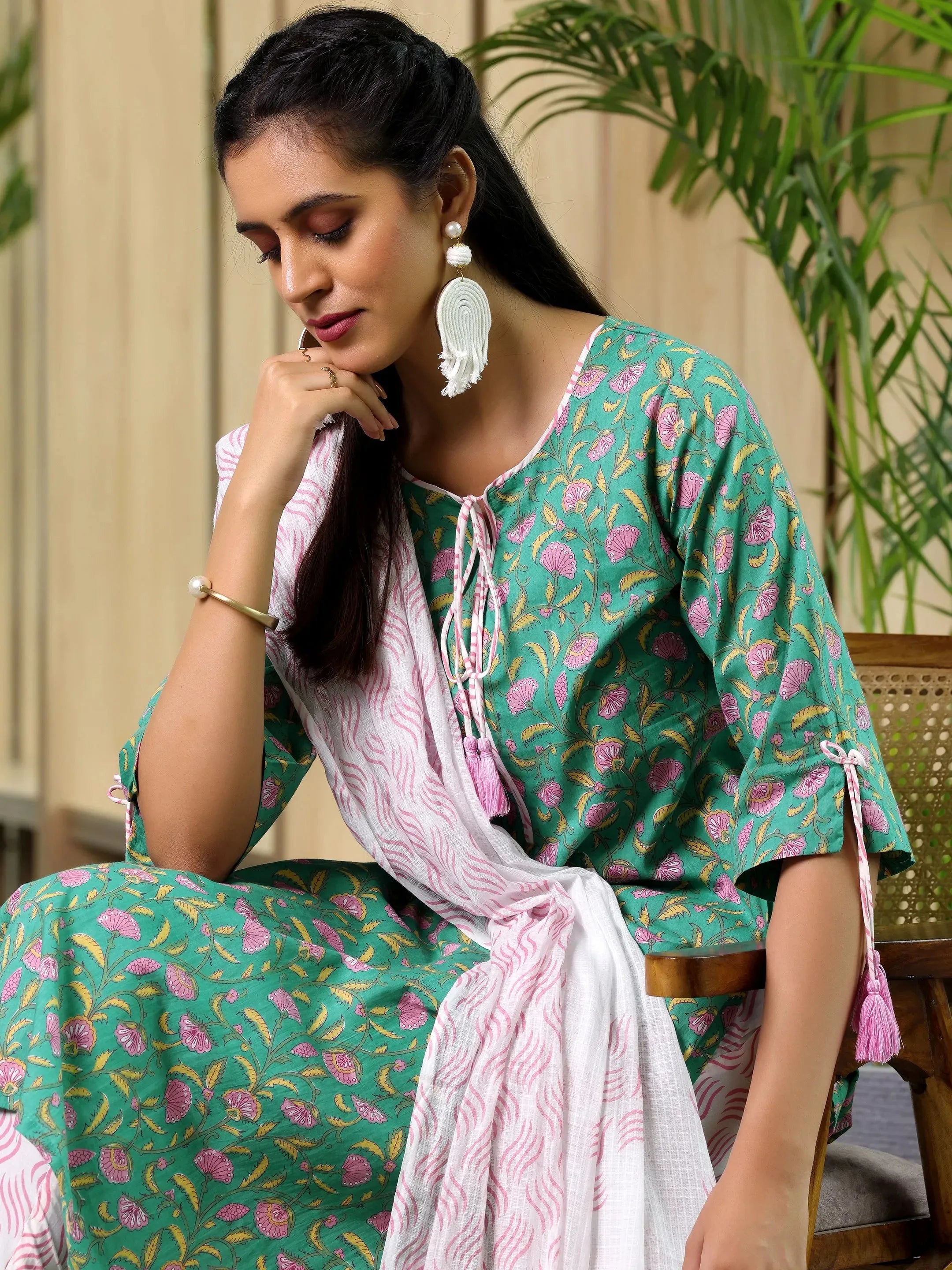 Green Printed Cotton Straight Suit With Dupatta