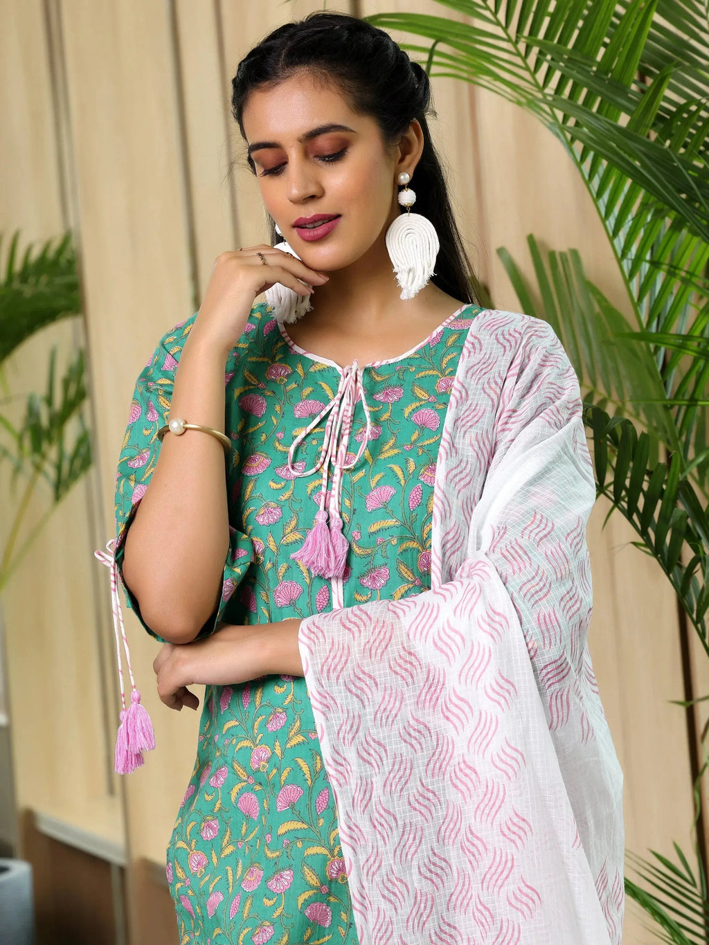 Green Printed Cotton Straight Suit With Dupatta