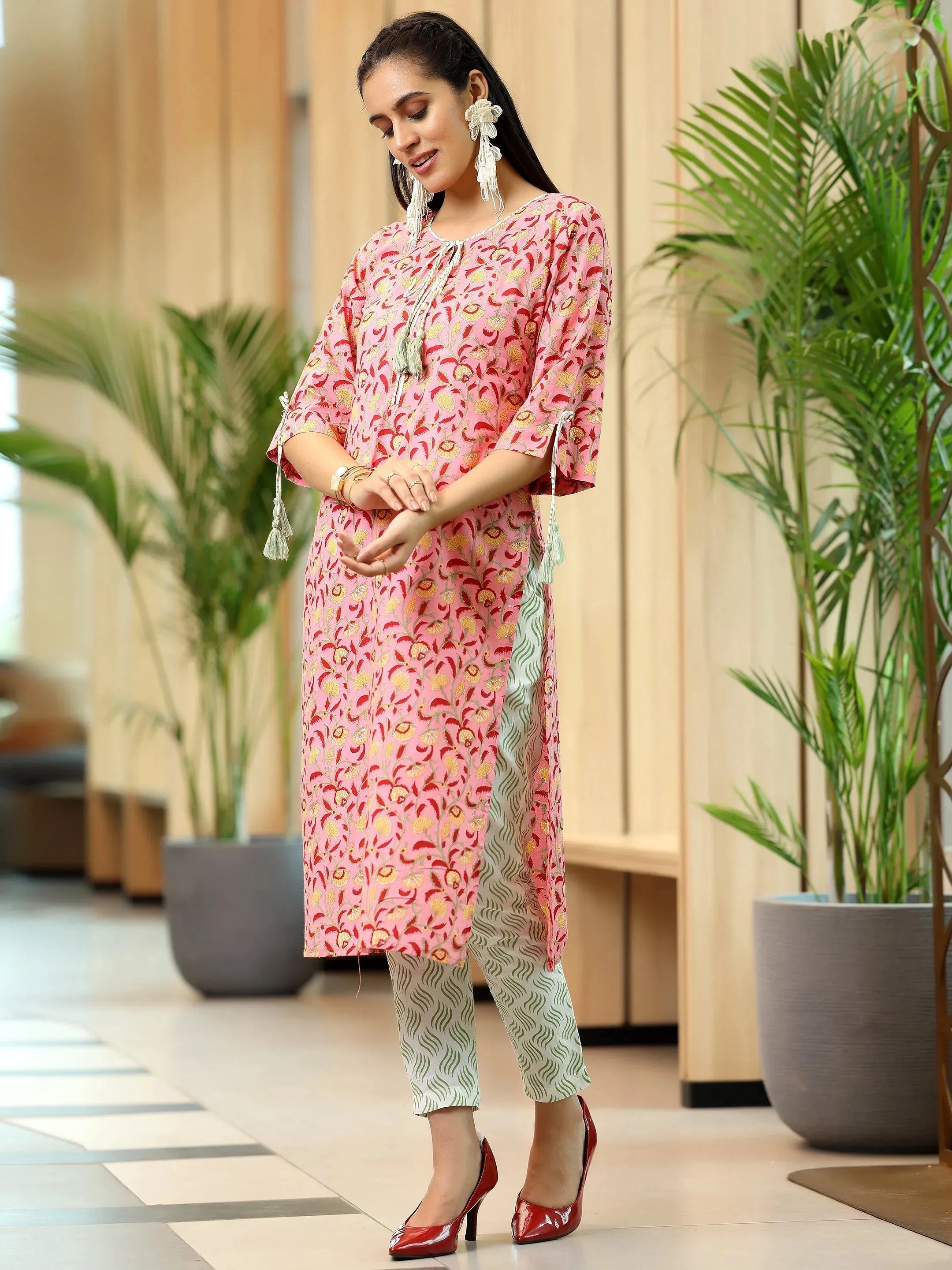 Peach Printed Cotton Straight Suit With Dupatta